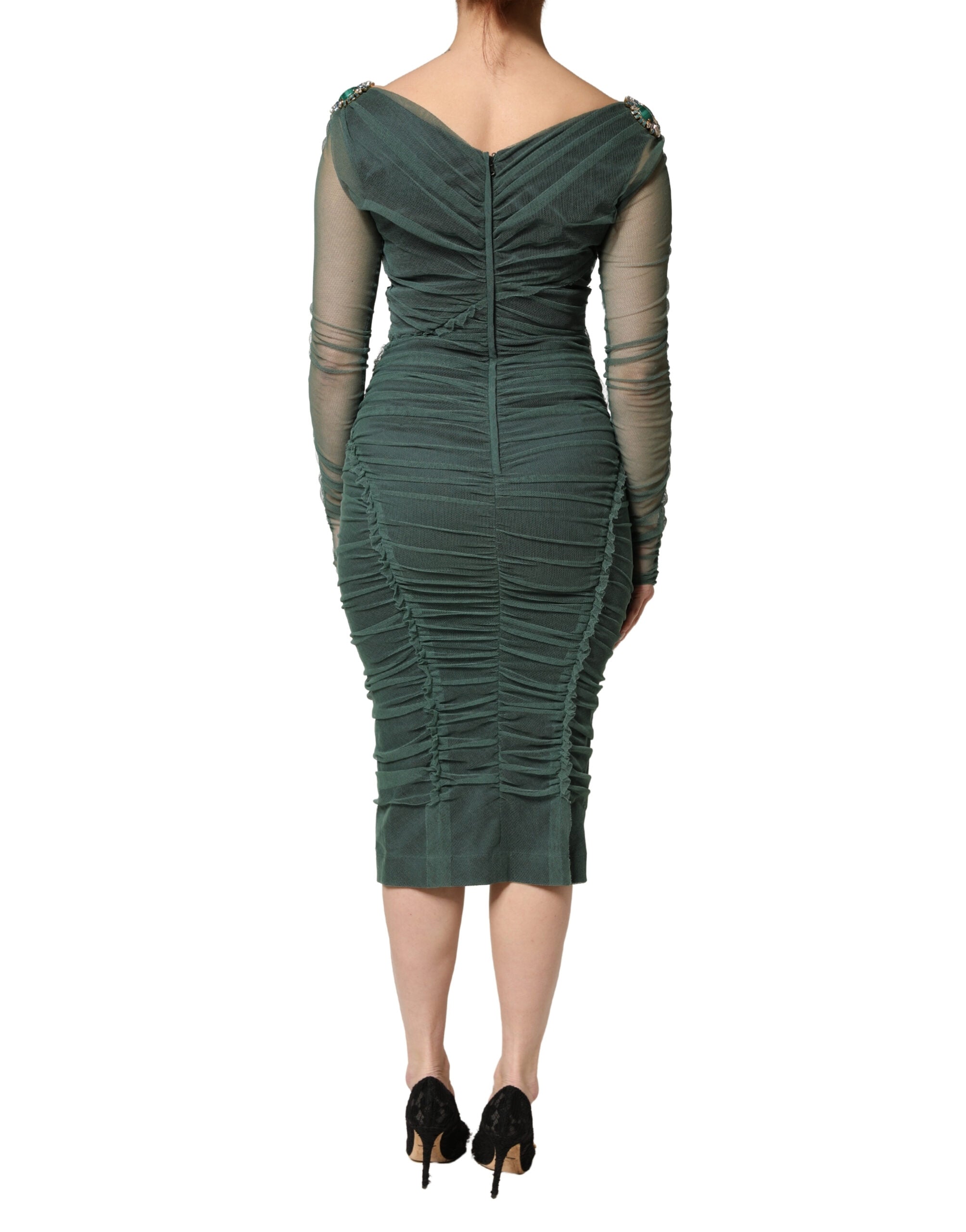 Robe midi en maille transparente verte Dolce & Gabbana avec manches froncées et manches longues en tissu léger.