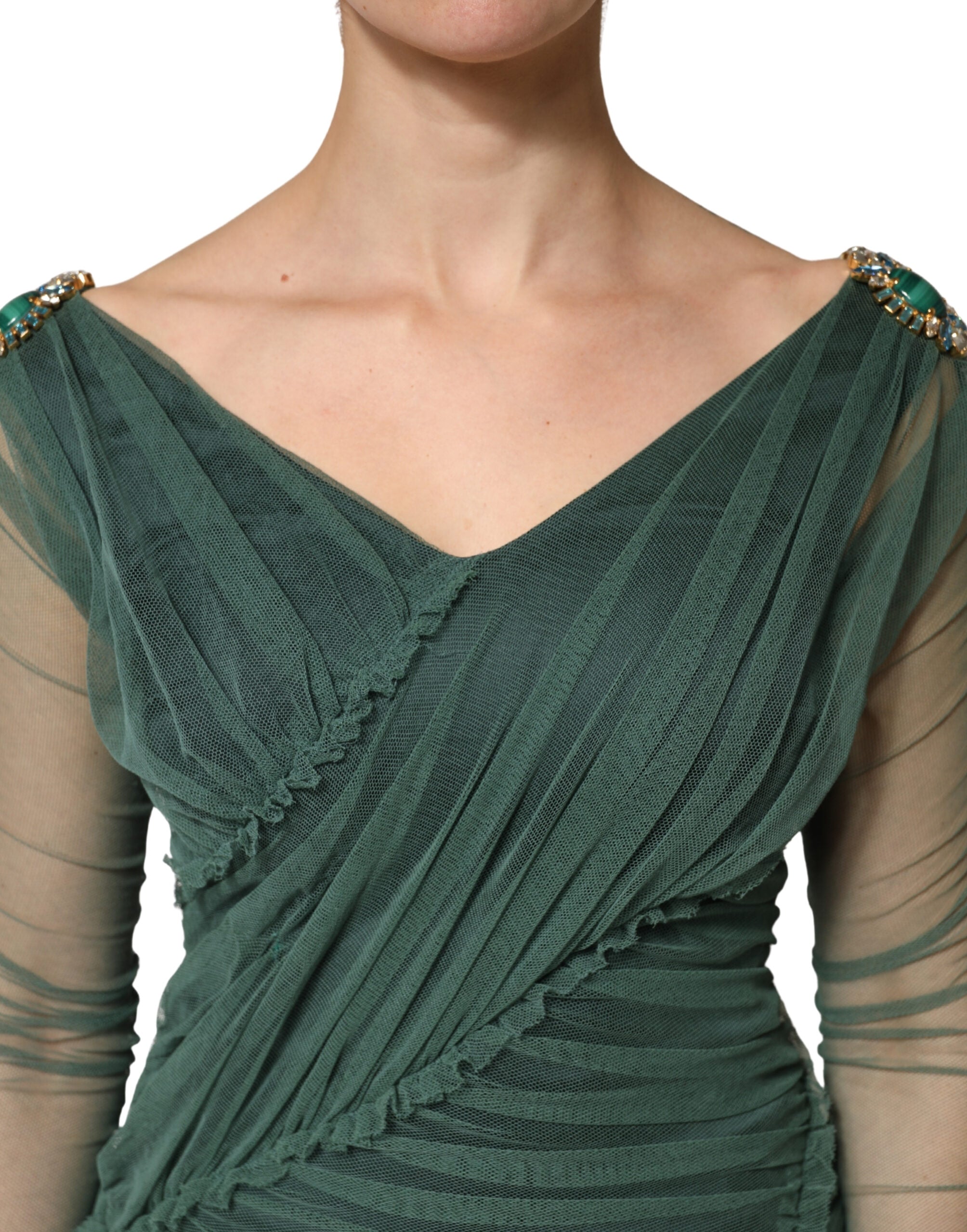 Robe midi en mesh transparent verte avec manches froncées et détails ruchés, signée Dolce & Gabbana.