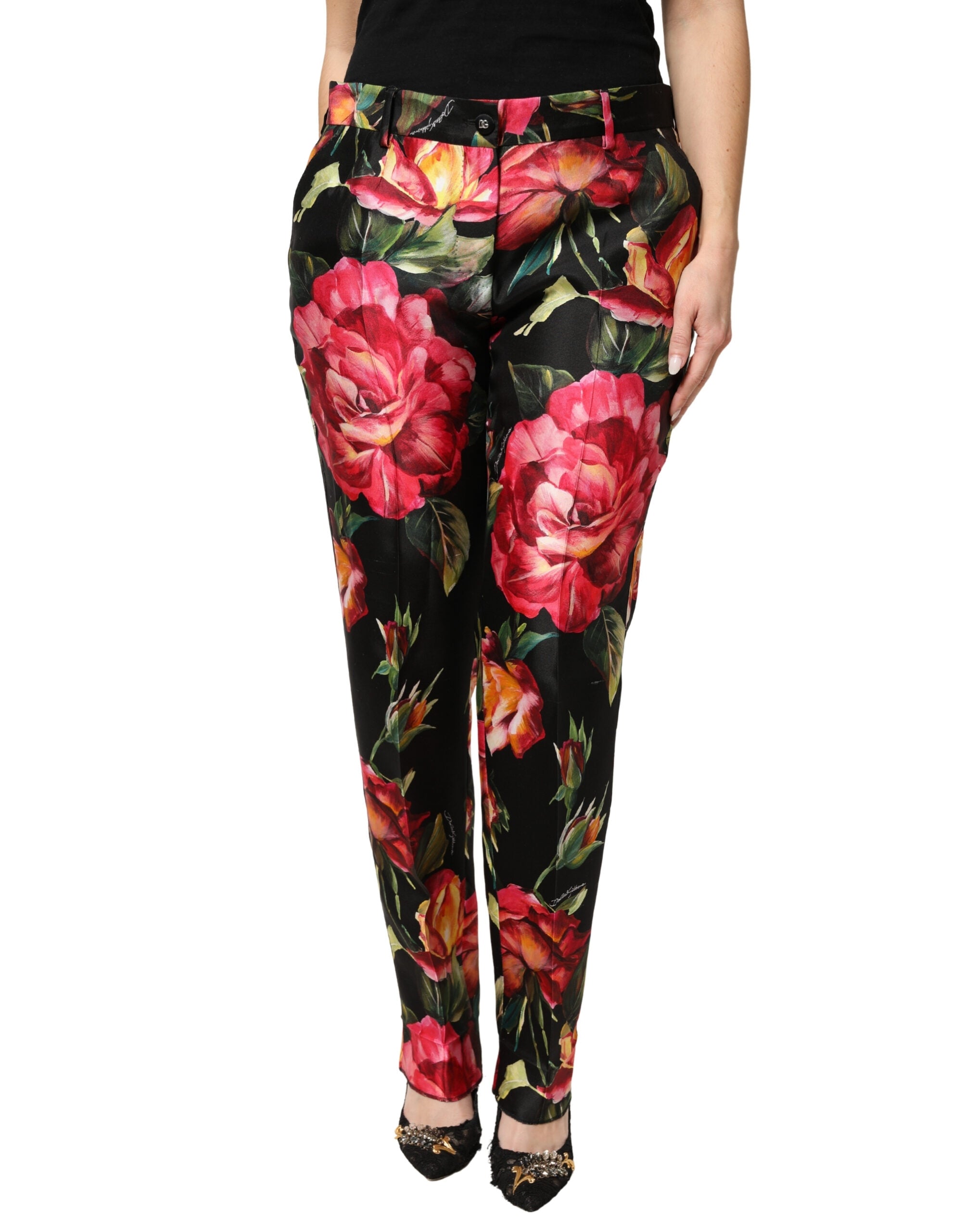 Pantalon Dolce & Gabbana en soie noire à fleurs, taille moyenne, coupe ajustée et tailleur élégant pour femme.