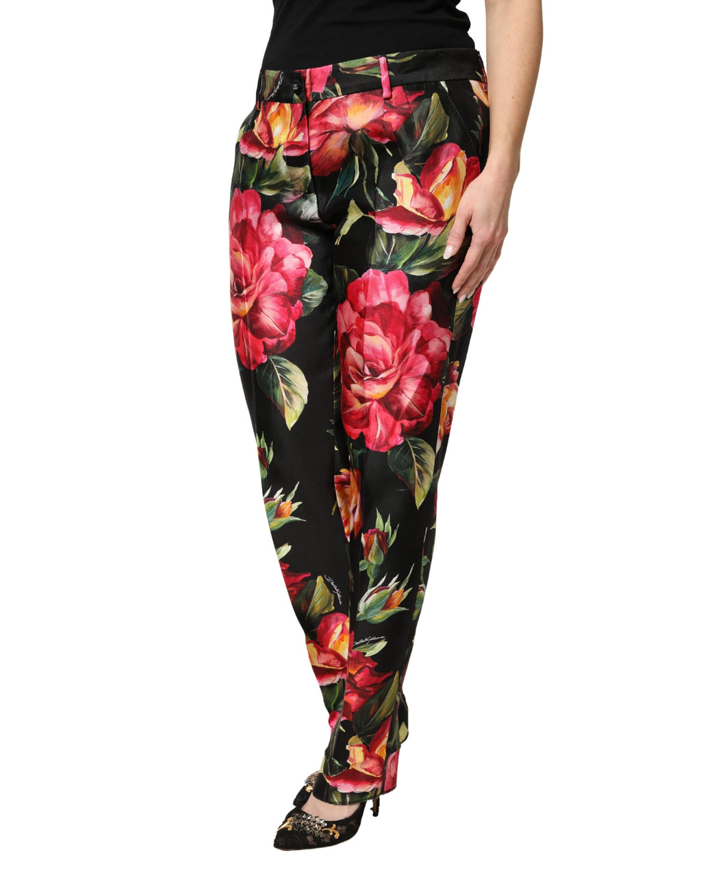 Pantalon Dolce & Gabbana en soie noire à fleurs, taille moyenne, pantalon ajusté, style élégant et sophistiqué.