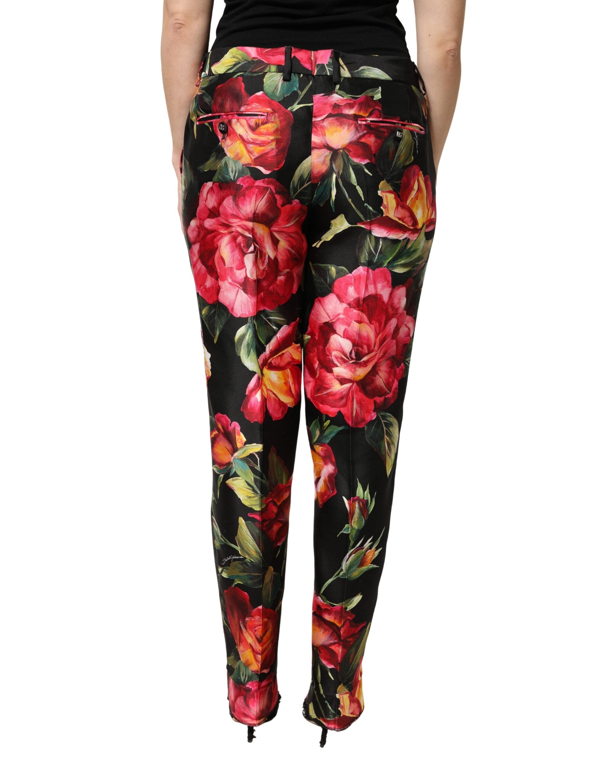 Pantalon Dolce & Gabbana en soie noire à fleurs, taille moyenne, coupe ajustée, pantalons tailleur élégants.
