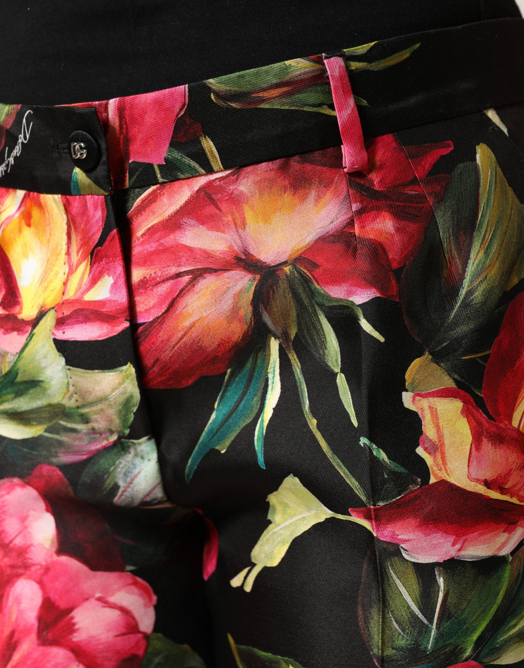 Pantalon Dolce & Gabbana en soie noire à fleurs, taille moyenne, coupe ajustée, pantalon tailleur élégant pour femme