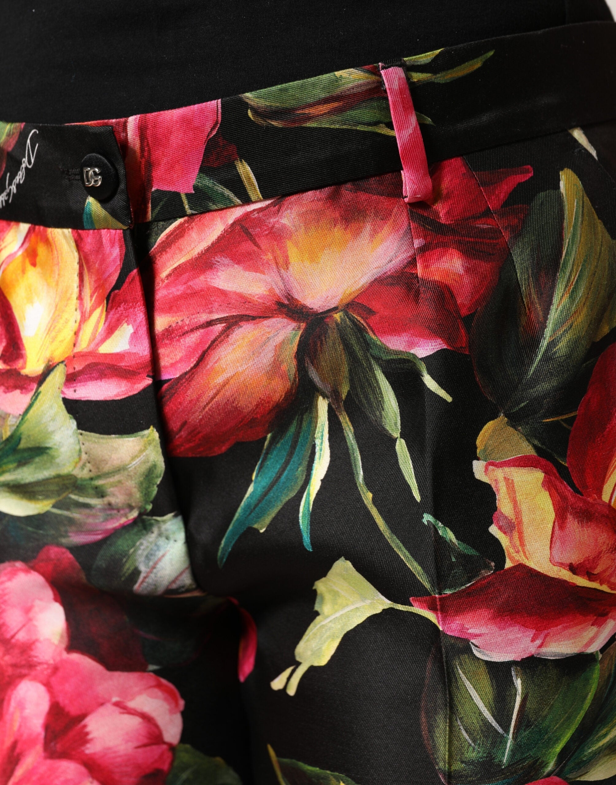 Pantalon Dolce & Gabbana en soie noire à fleurs, taille moyenne, coupe ajustée, pantalon tailleur élégant pour femme