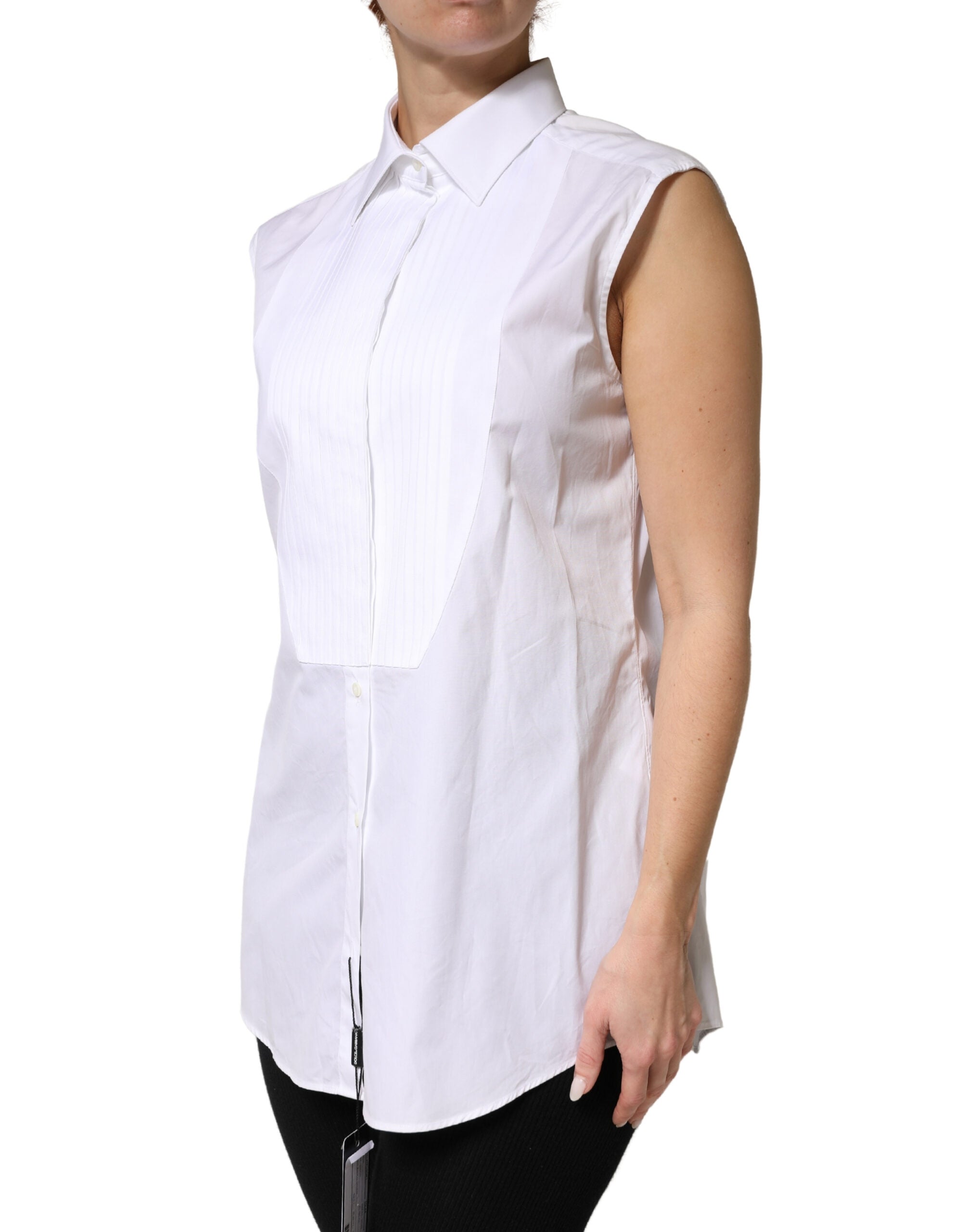Haut sans manches blanc en coton plissé avec boutons de Dolce & Gabbana, vue de face, élégant et léger.