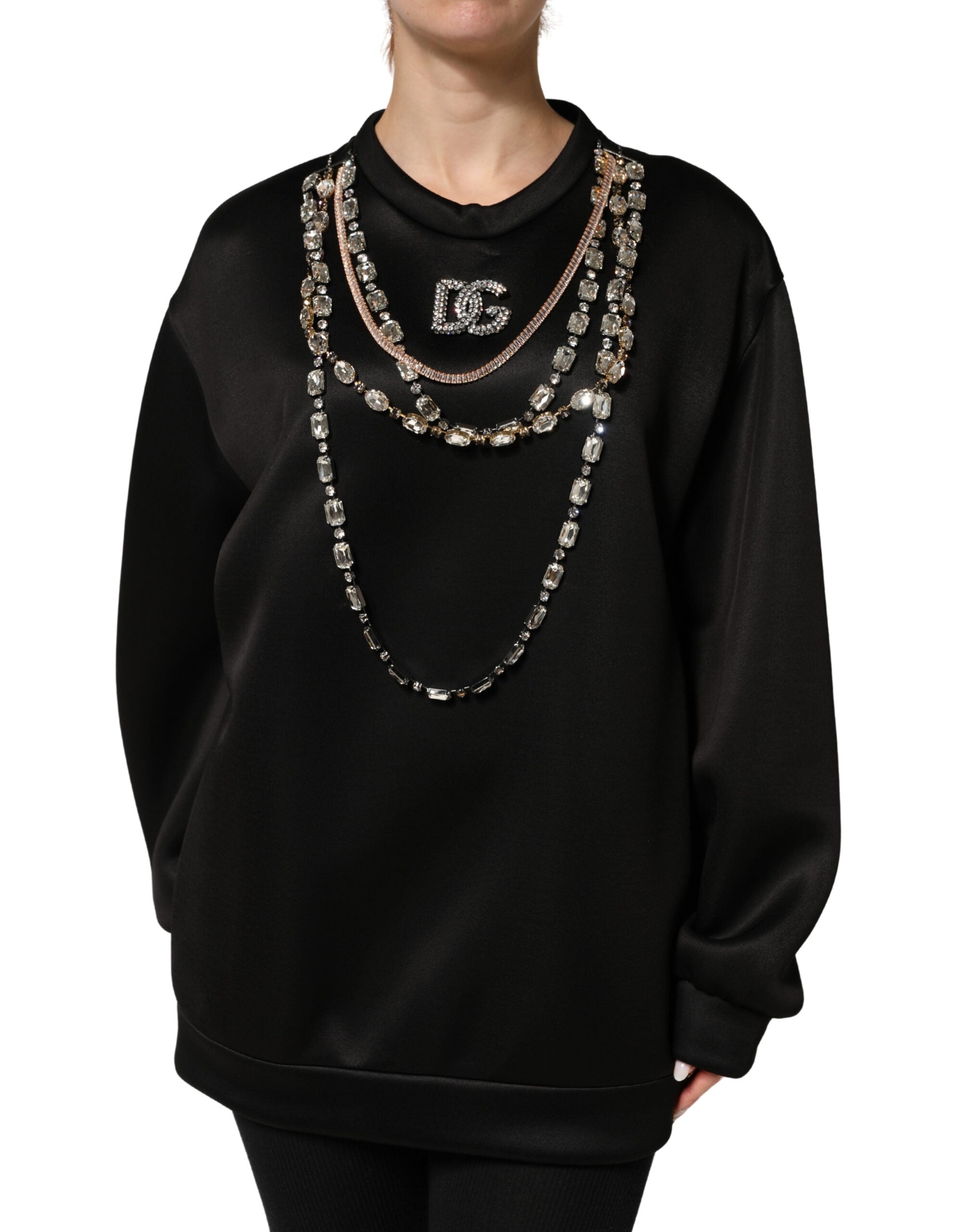 Sweat-shirt noir Dolce & Gabbana avec logo orné de cristaux brillants, tissu doux et style élégant.