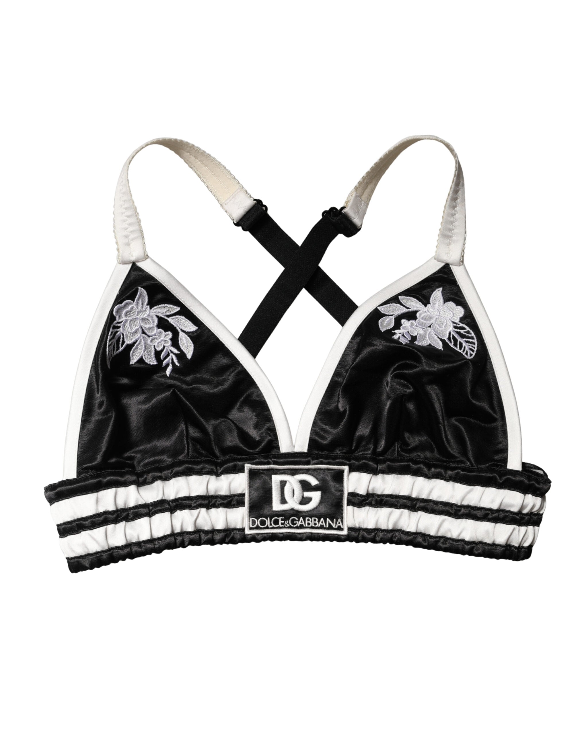 Brassière crop en satin de soie noire avec motif floral et logo Dolce & Gabbana, idéal pour un style élégant et tendance.