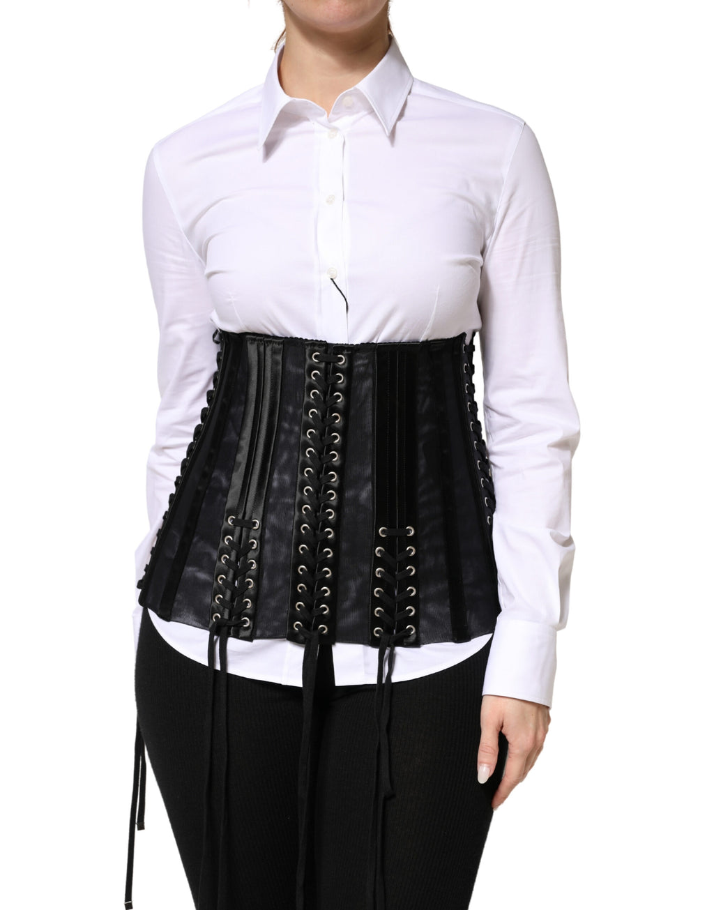Corset bustier noir Dolce & Gabbana avec laçage à la taille, en dentelle élégante, visible sur cette image.