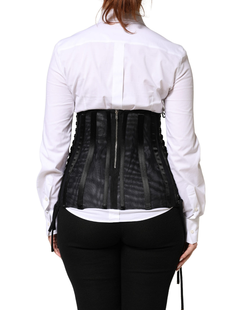 Corset bustier noir Dolce & Gabbana avec laçage à la taille, en dentelle élégante et ajustée.