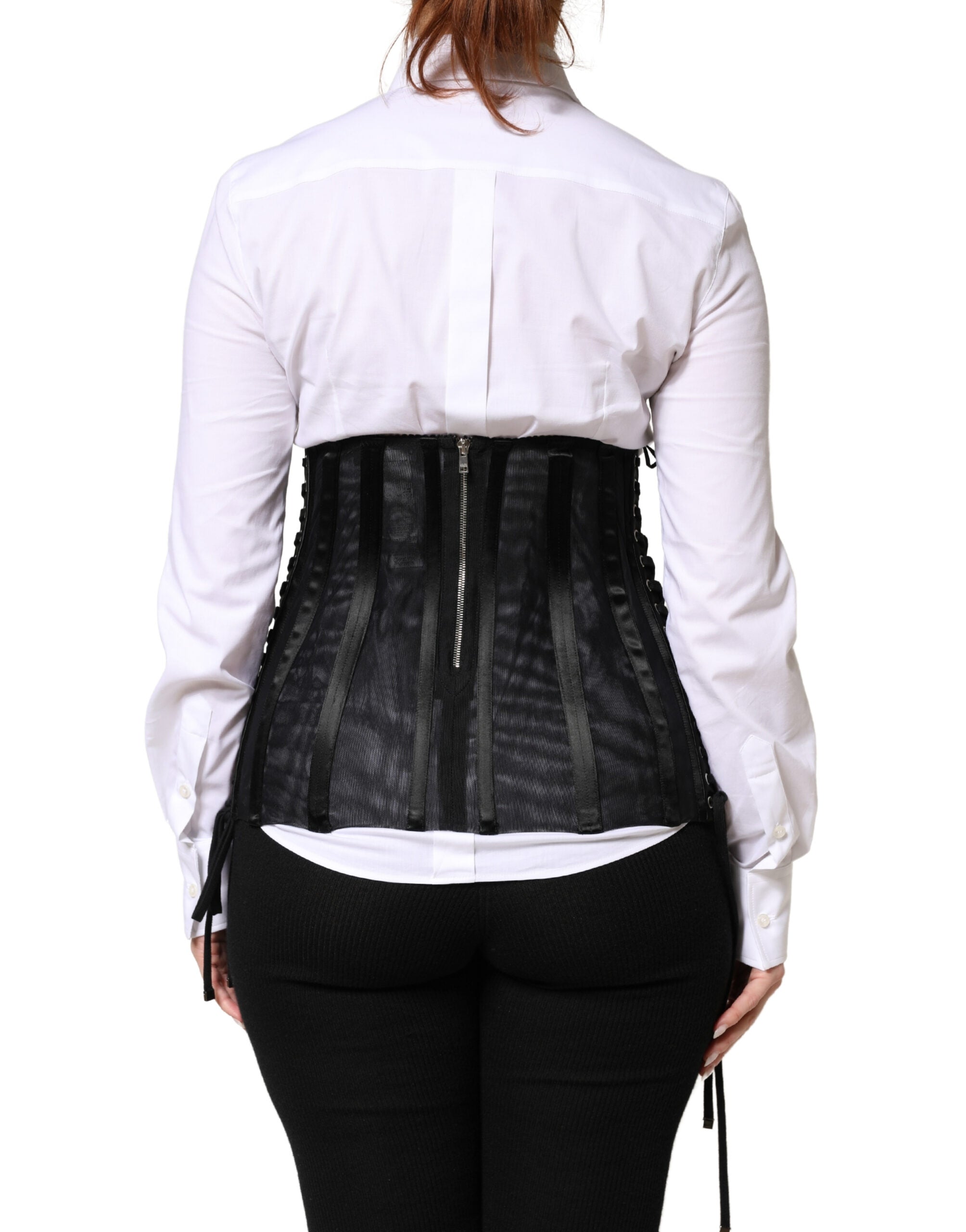 Corset bustier noir Dolce & Gabbana avec laçage à la taille, en dentelle élégante et ajustée.