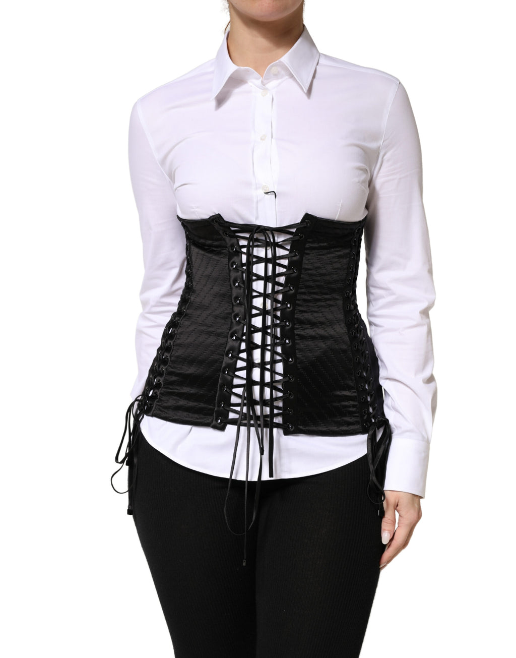 Corset noir en soie avec laçage à la taille de Dolce & Gabbana, top cinteur élégant et sophistiqué.