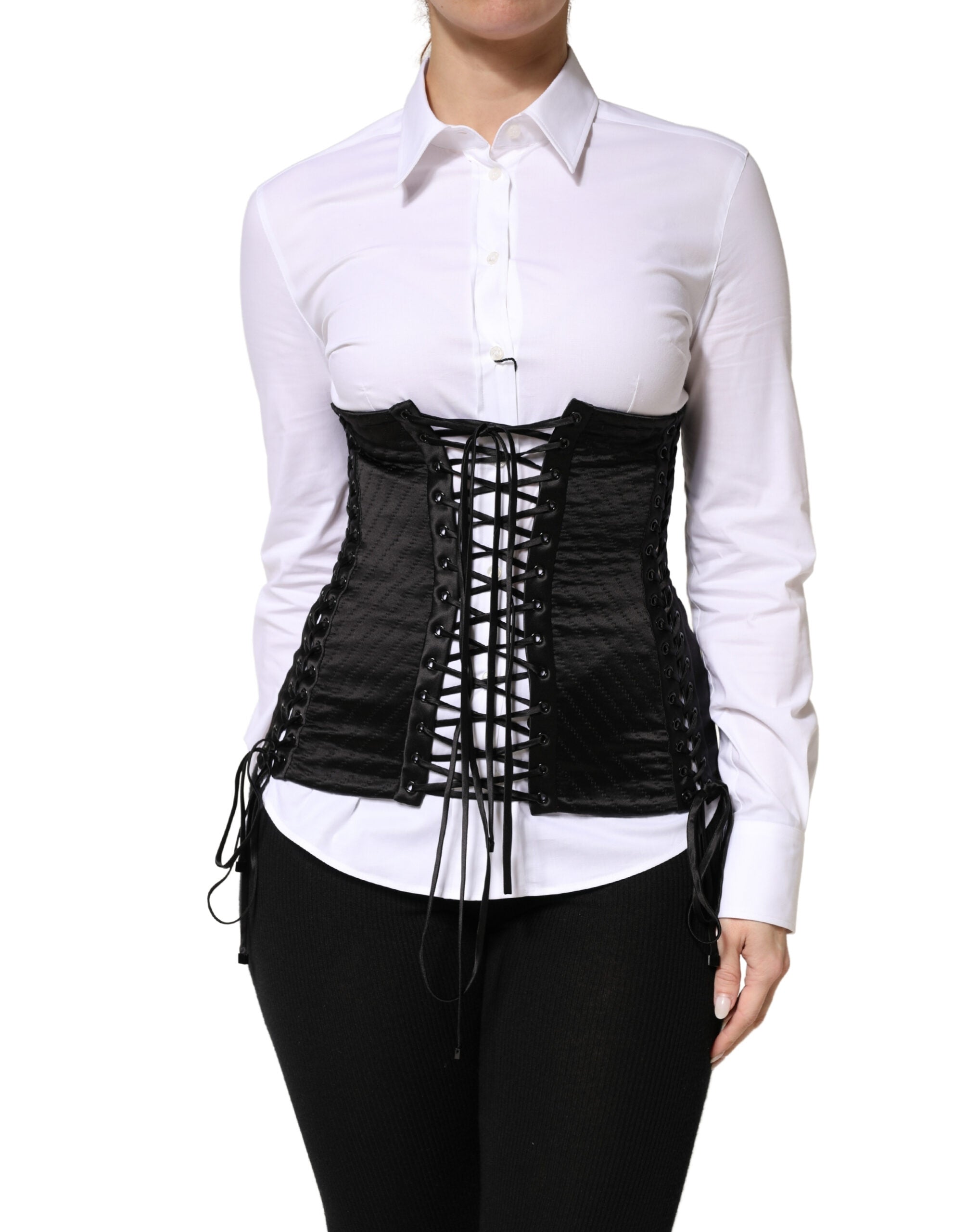Corset noir en soie avec laçage à la taille de Dolce & Gabbana, top cinteur élégant et sophistiqué.
