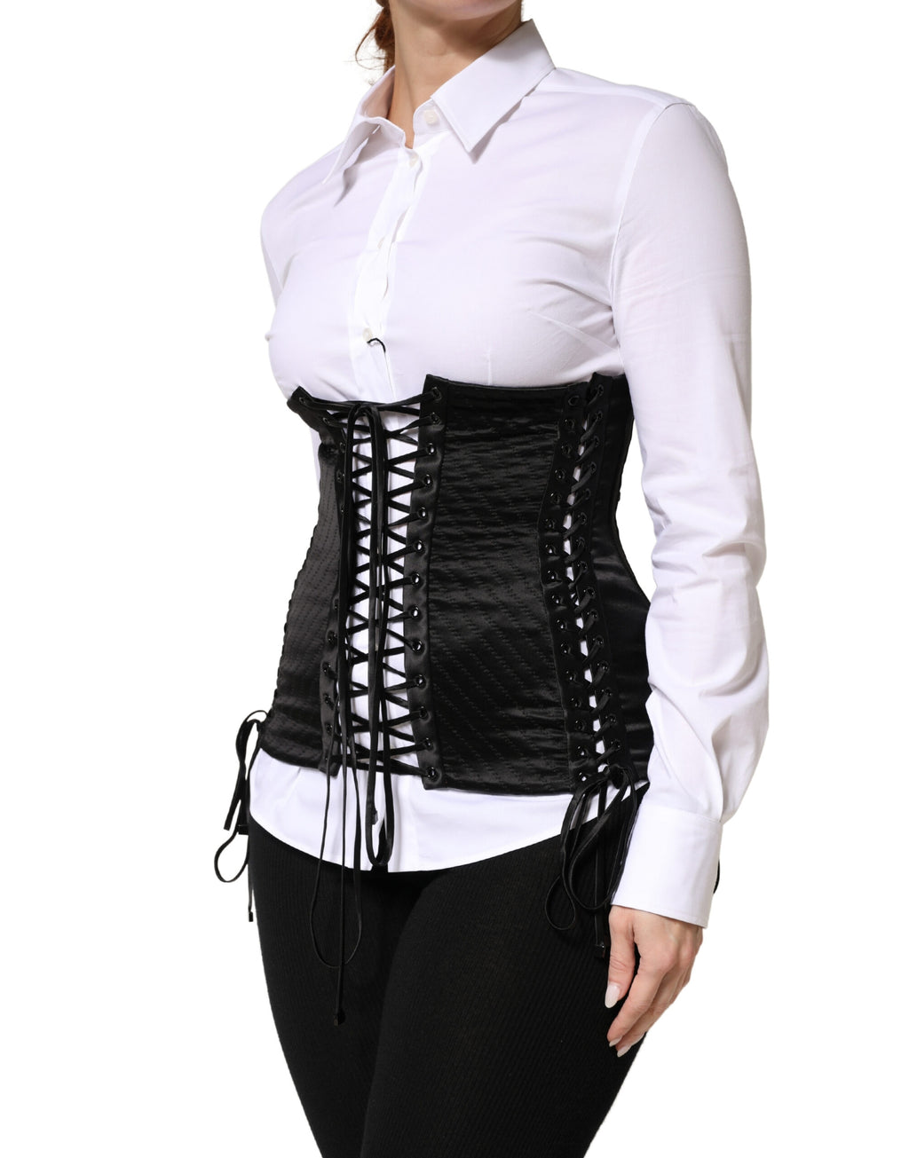 Corset noir en soie avec lacets à la taille, top élégant de Dolce & Gabbana, détail en dentelle sophistiquée.