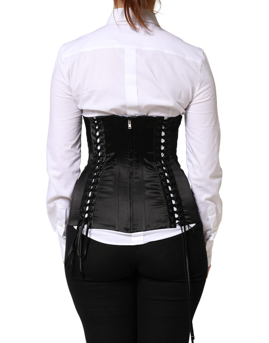 Corset noir en soie avec laçage à la taille de Dolce & Gabbana, haut ajusté avec détails en dentelle élégants.