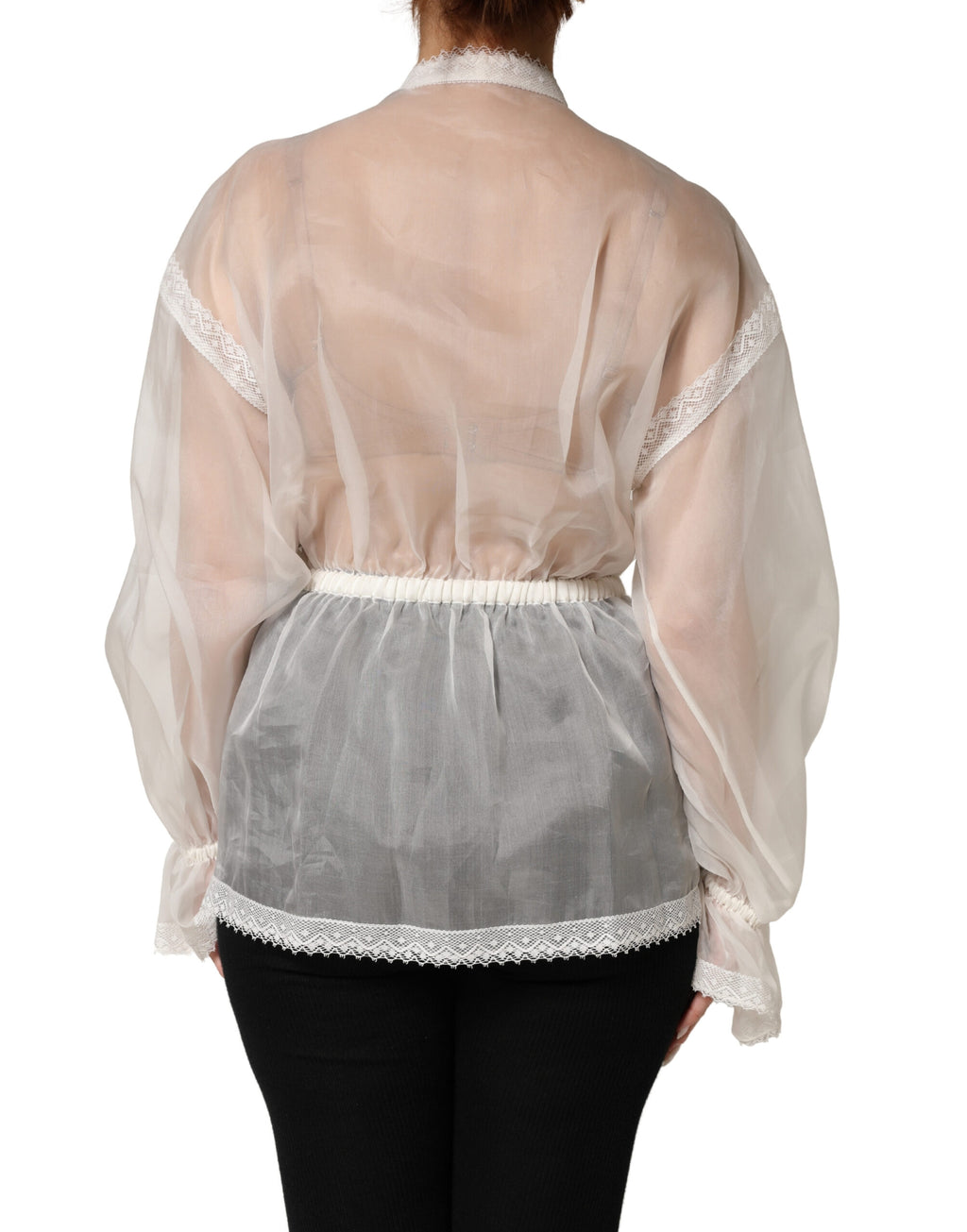 Chemisier en soie blanche transparente Dolce & Gabbana avec nœud en dentelle et coupe élégante.