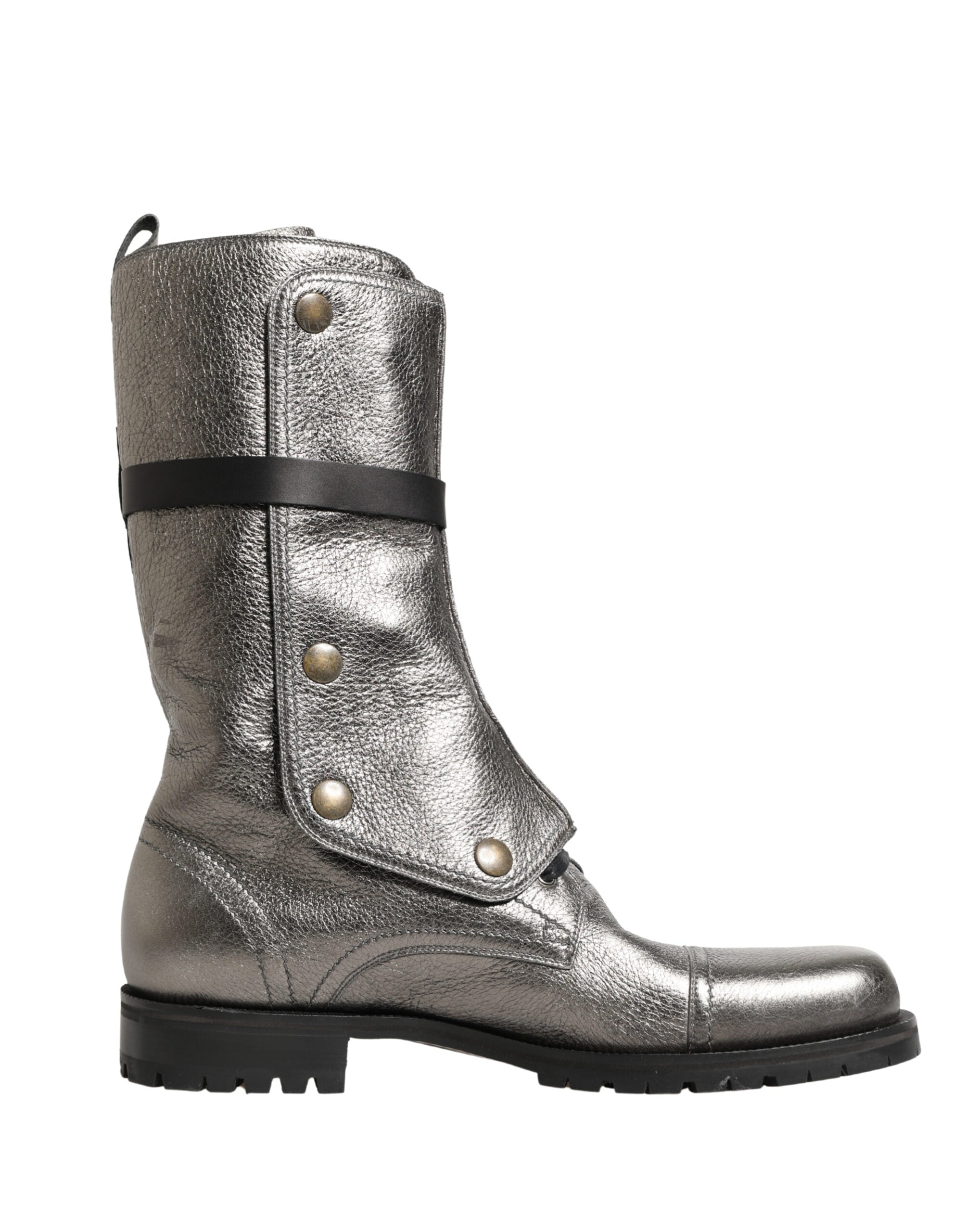 Bottines combat en cuir métallique avec boucle, chaussures Dolce & Gabbana, style élégant et moderne.