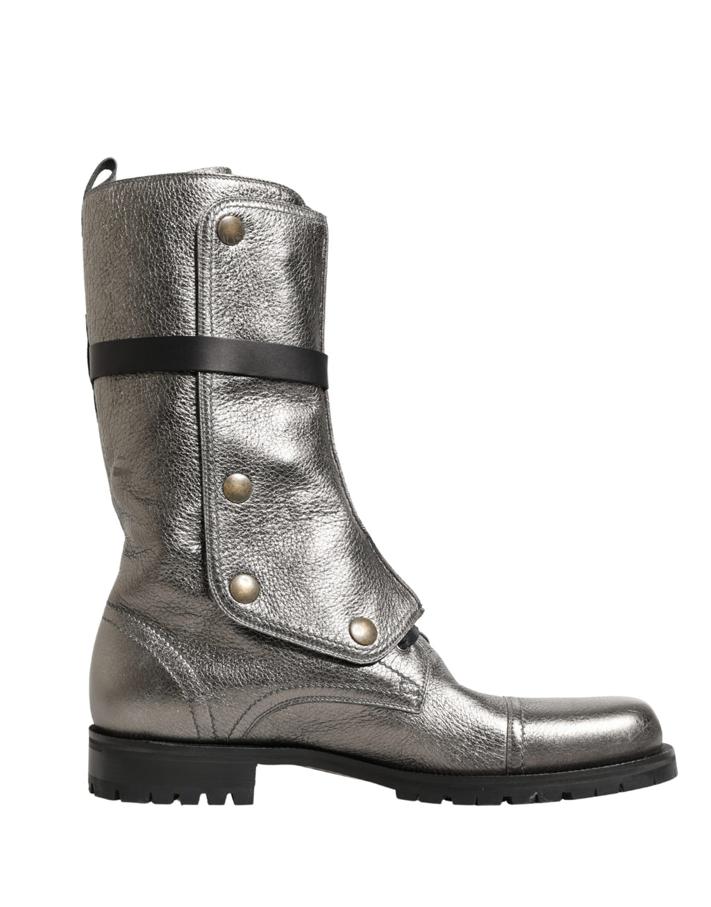 Bottes de combat en cuir métallisé avec boucle Dolce & Gabbana, chaussures tendance en style robuste et élégant.