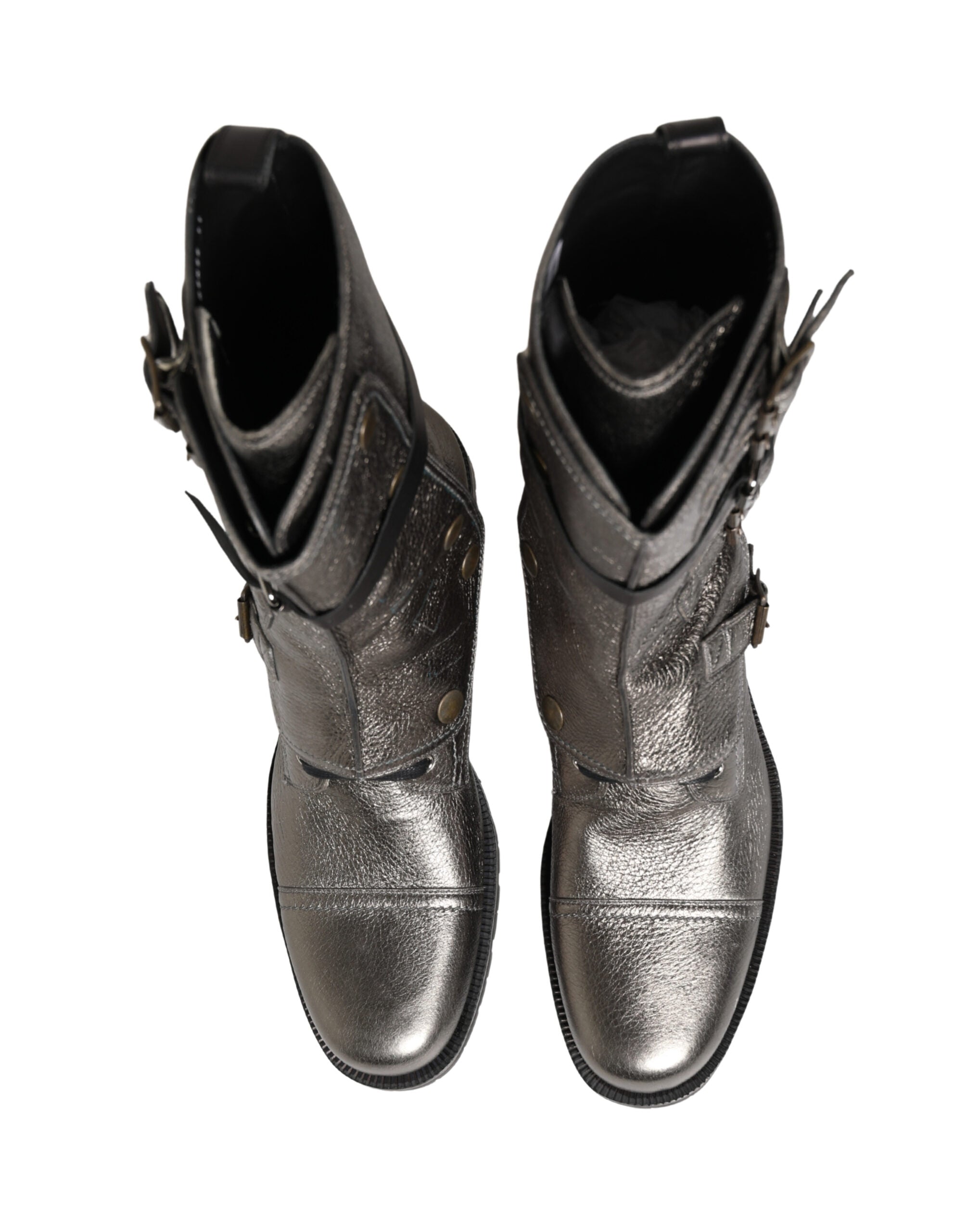 Bottes combat en cuir métallique Dolce & Gabbana avec boucle, style moderne et élégant, pour femmes.