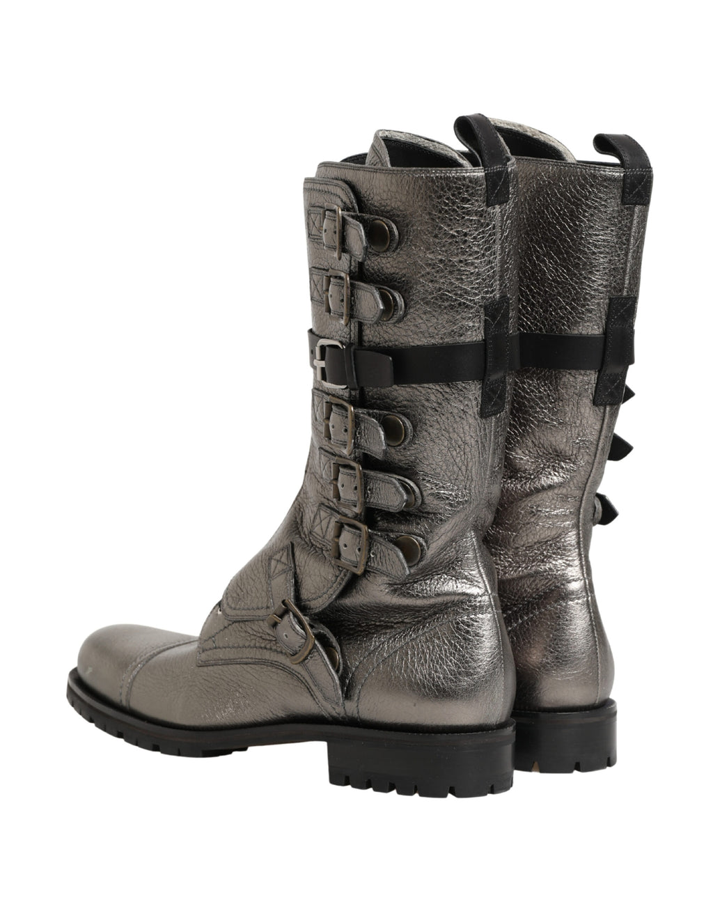 Bottes de combat en cuir métallique avec boucle de la marque Dolce & Gabbana, chaussures élégantes et robustes.