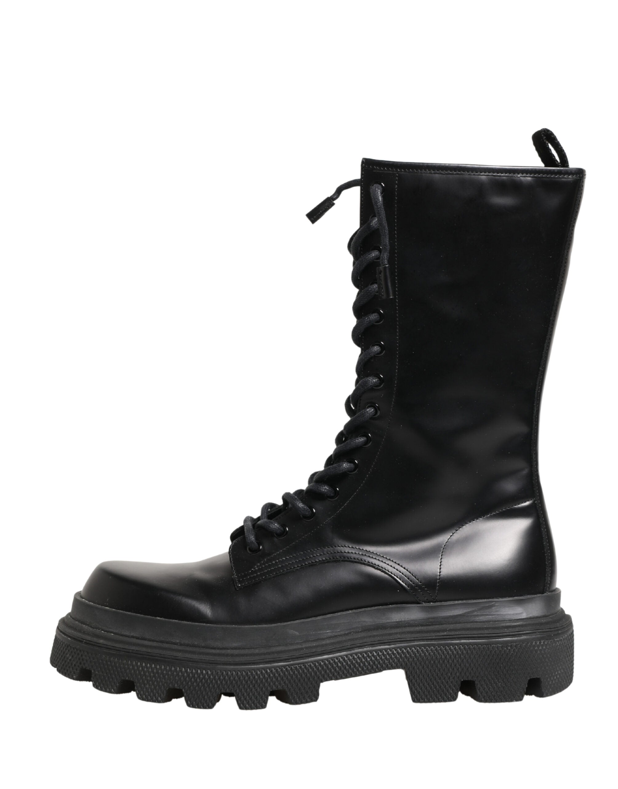 Bottes de combat en cuir noir Dolce & Gabbana avec semelle de trekking, style robuste et moderne.