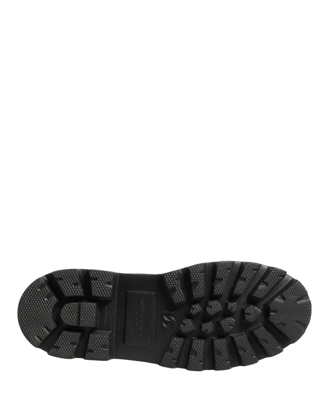 Bottes de combat en cuir noir Dolce & Gabbana avec semelle trekking, style robuste et moderne, visibles sur l'image.