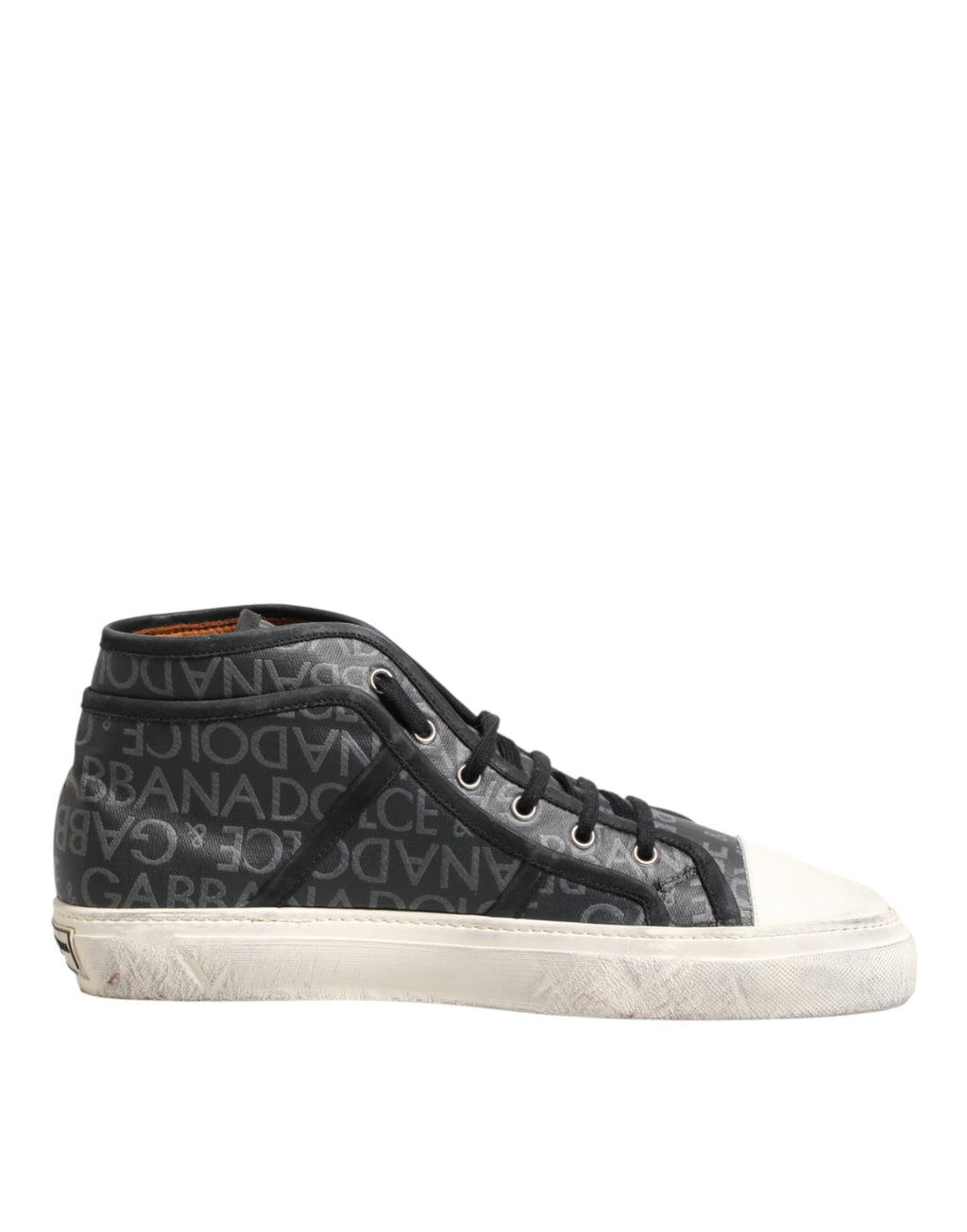 Sneakers montantes Dolce & Gabbana en toile noire et blanche avec logo, chaussures de sport élégantes et modernes.