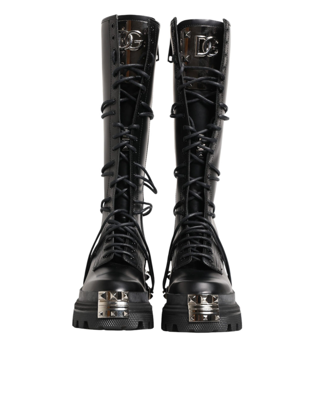 Bottes combat en cuir noir Dolce & Gabbana, hautes jusqu'au genou, avec semelle robuste et style élégant.