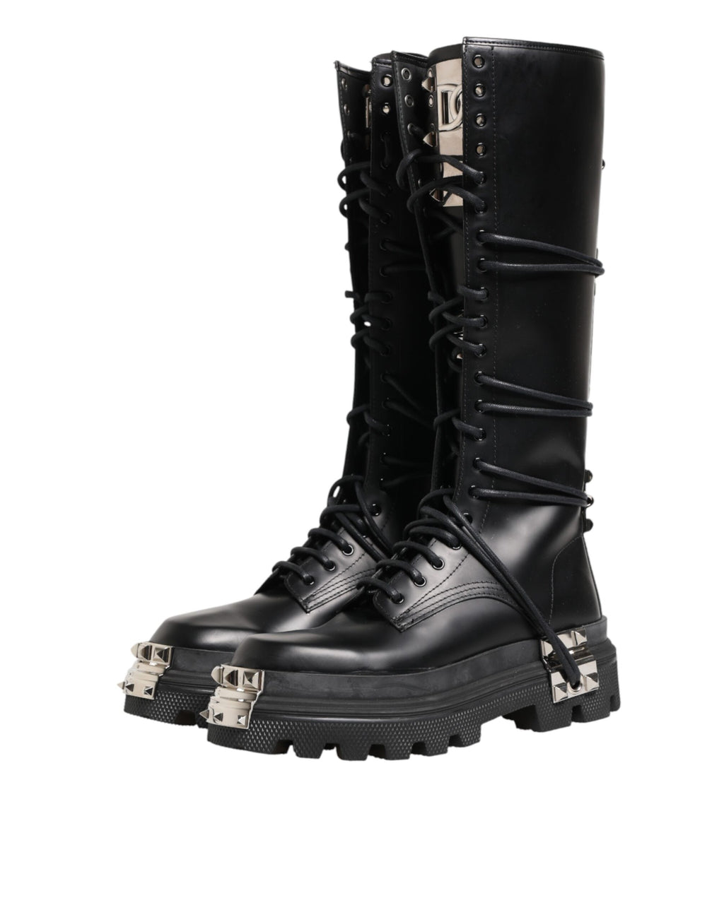 Bottes combat en cuir noir de taille haute de Dolce & Gabbana, chaussures élégantes et robustes pour femmes.