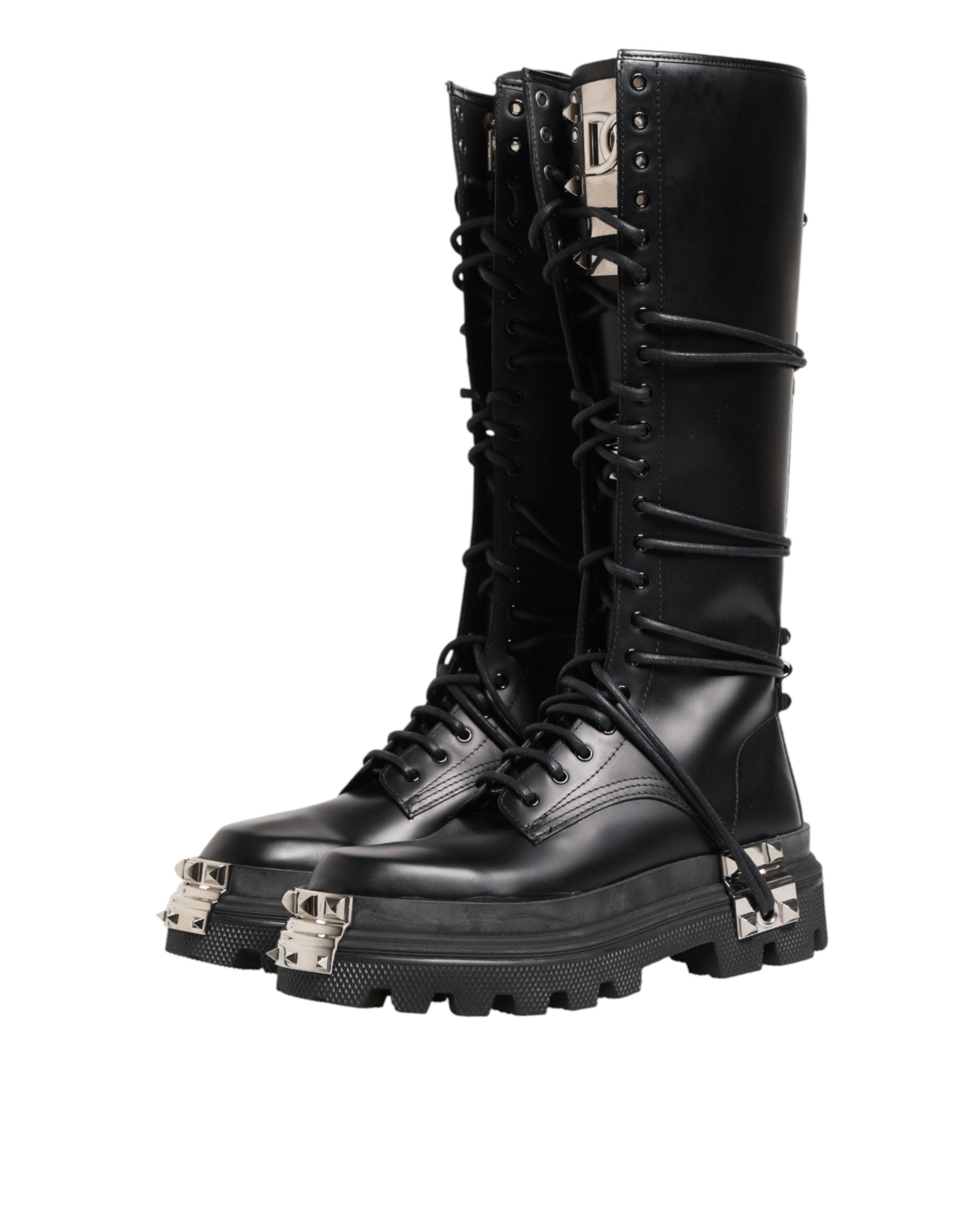 Bottes combat en cuir noir de taille haute de Dolce & Gabbana, chaussures élégantes et robustes pour femmes.