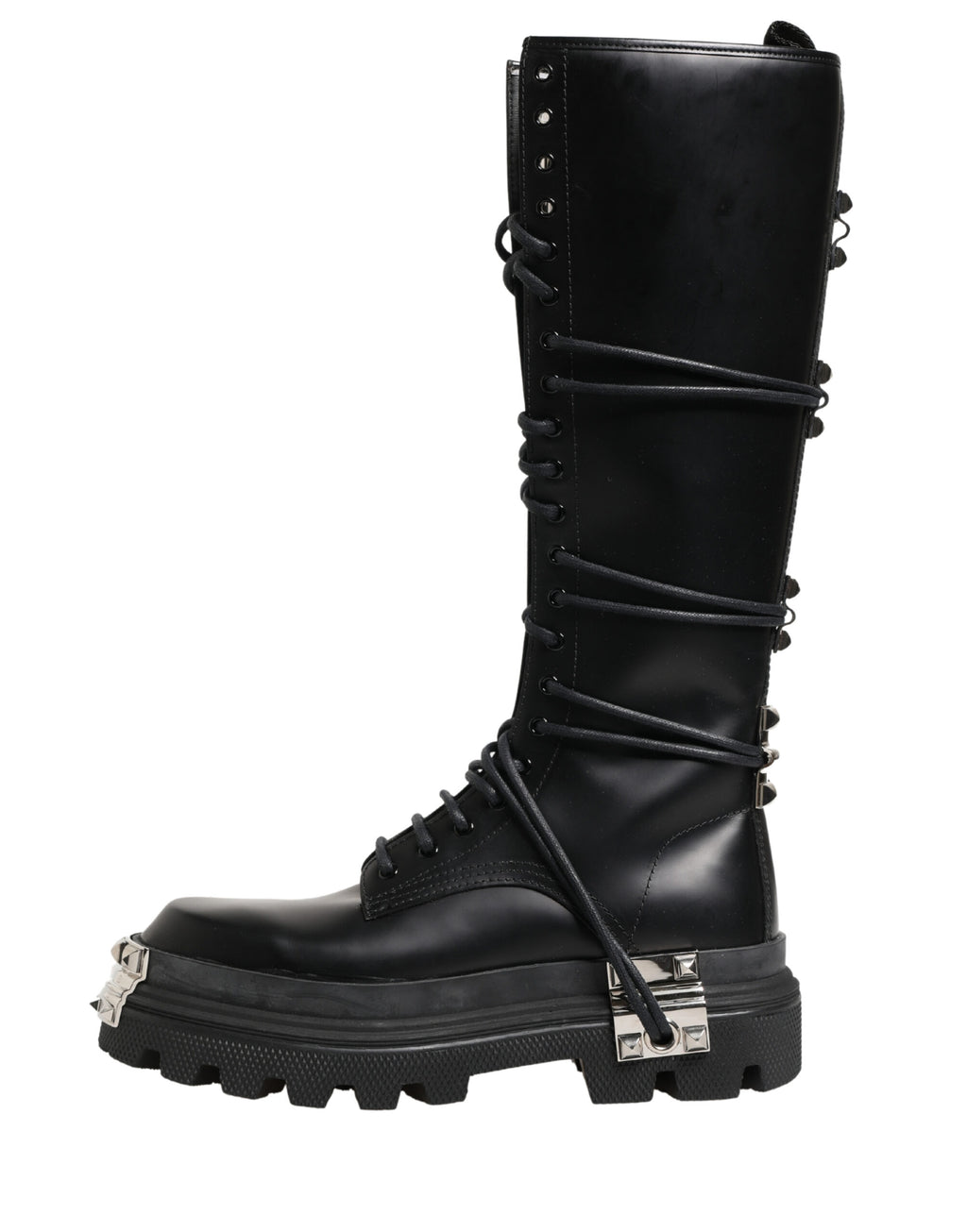 Bottes combat en cuir noir Dolce & Gabbana, hauteur genou, style robuste et élégant, vue de face.