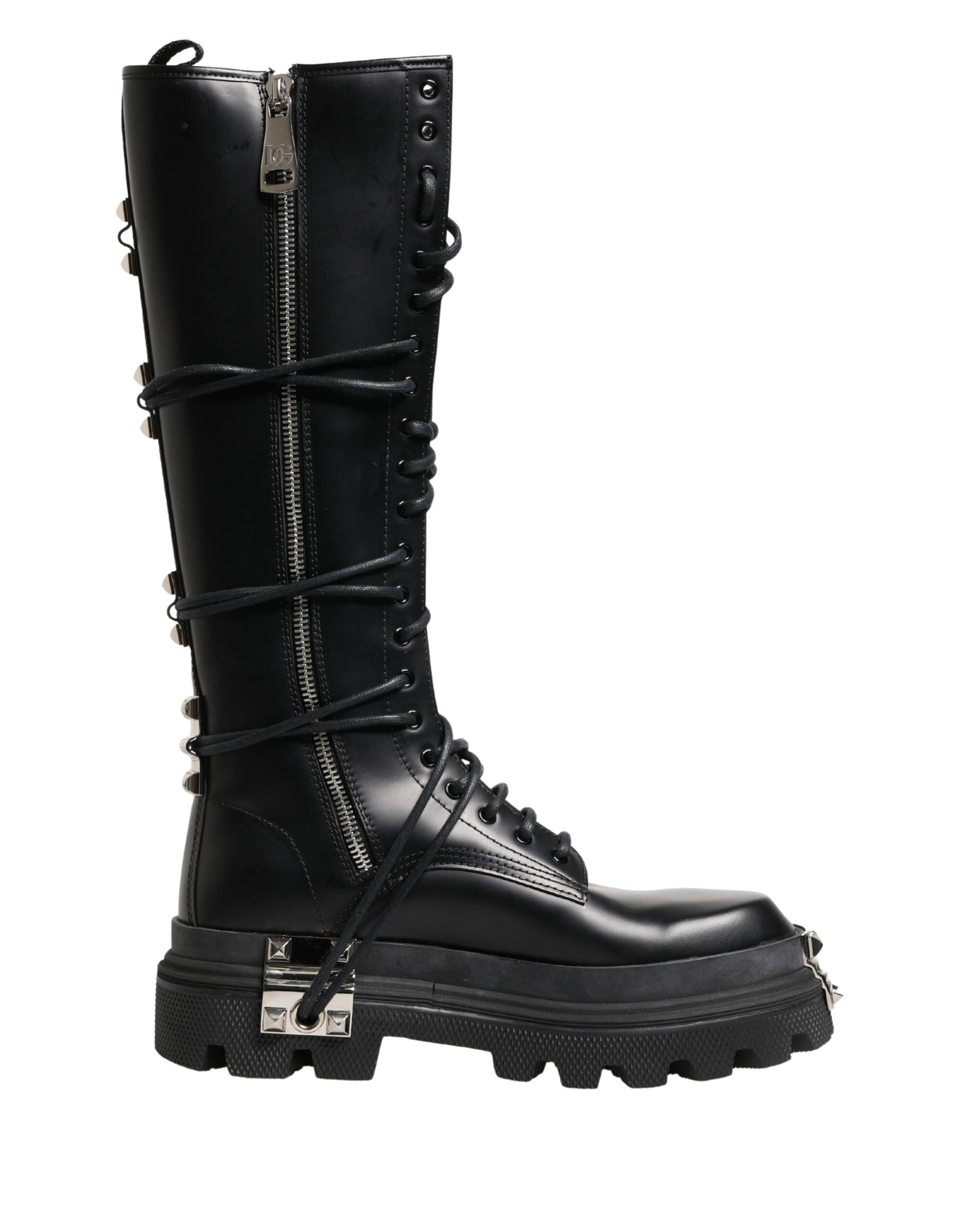 Bottes de combat en cuir noir Dolce & Gabbana, à hauteur du genou, avec semelle robuste et style élégant.