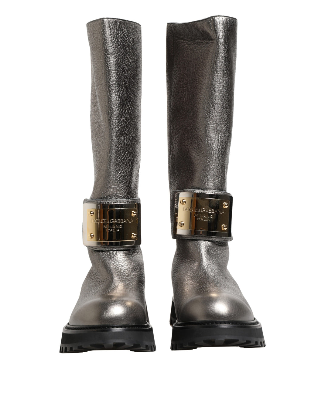 Bottes en cuir argenté métallique Dolce & Gabbana, mi-mollet, avec design élégant et finition brillante.
