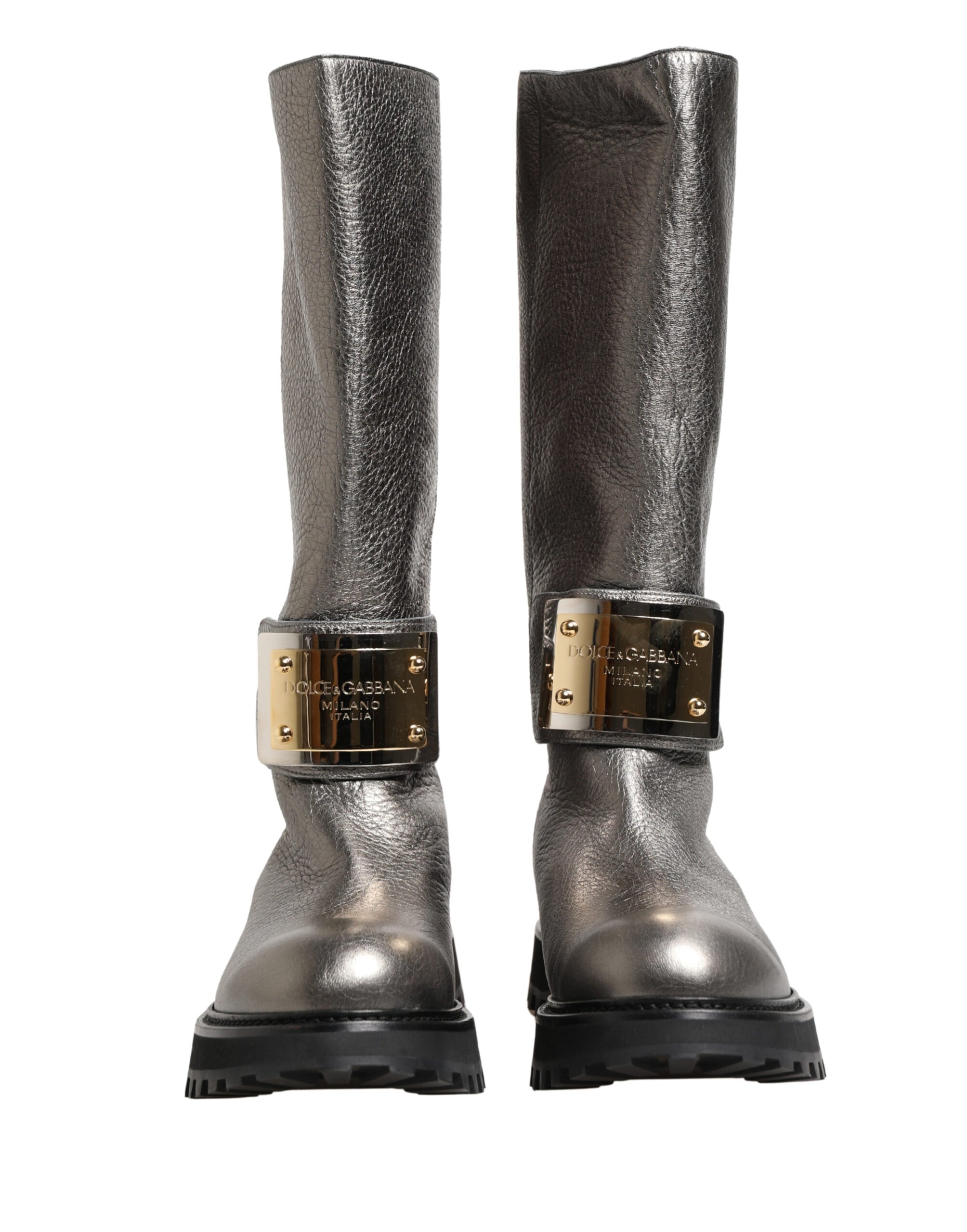 Bottes en cuir argenté métallique Dolce & Gabbana, mi-mollet, avec design élégant et finition brillante.