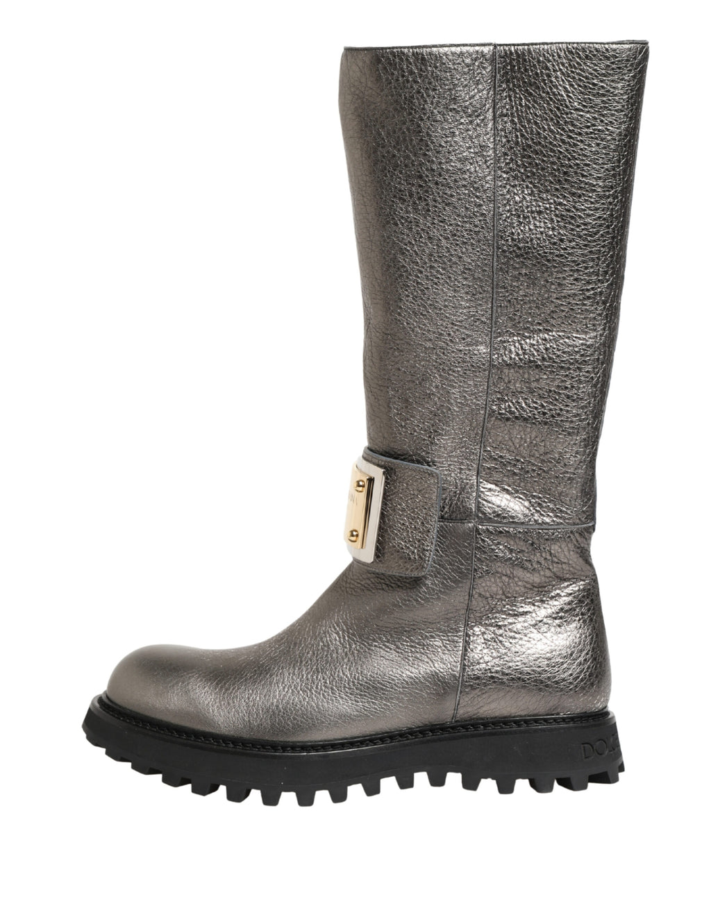 Bottes en cuir argenté métallisé Dolce & Gabbana, mi-mollet, avec semelle élégante et design sophistiqué.