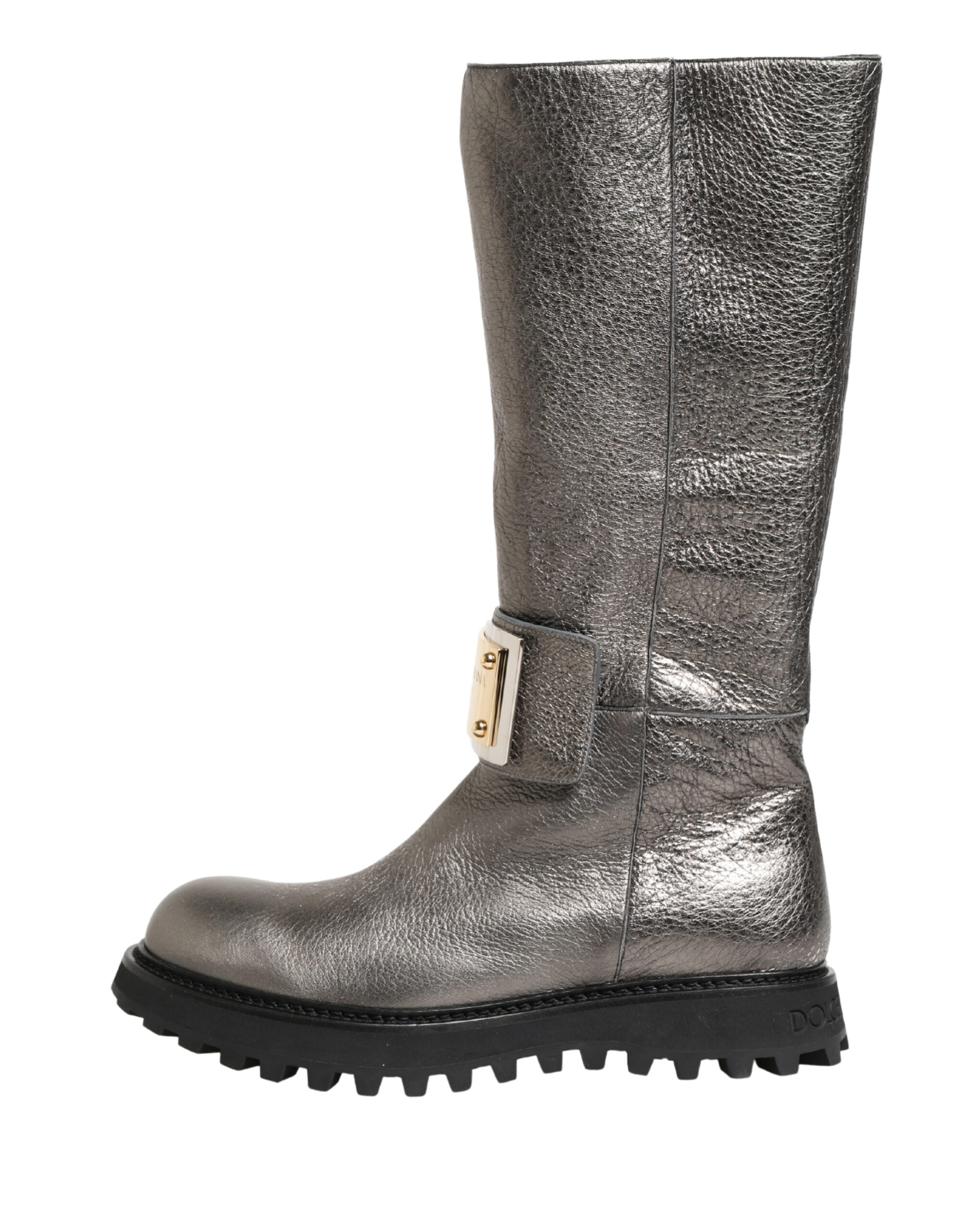 Bottes en cuir argenté métallisé Dolce & Gabbana, mi-mollet, avec semelle élégante et design sophistiqué.