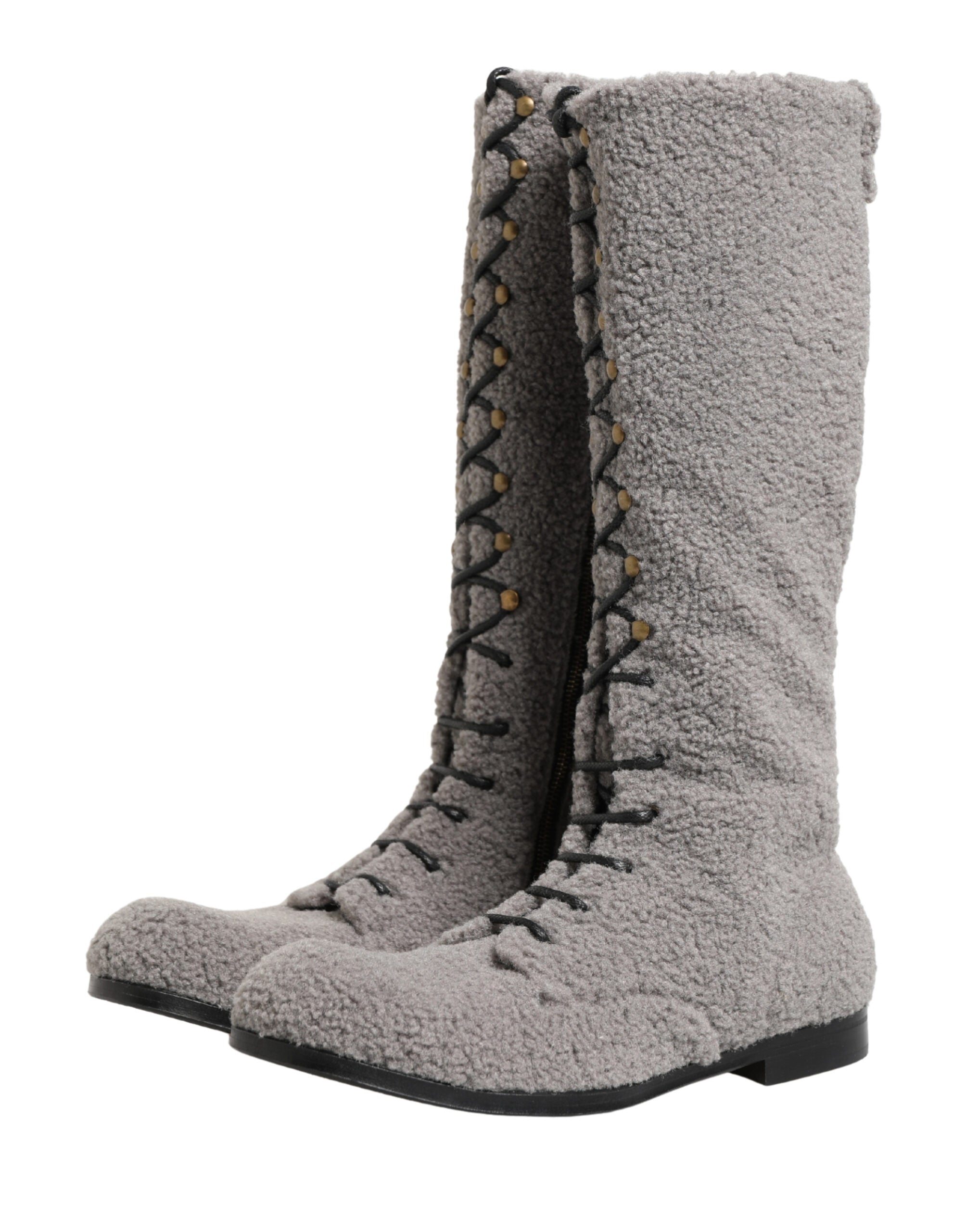 Bottes hautes en shearling gris de Dolce & Gabbana avec lacets, style élégant et confortable pour femmes.