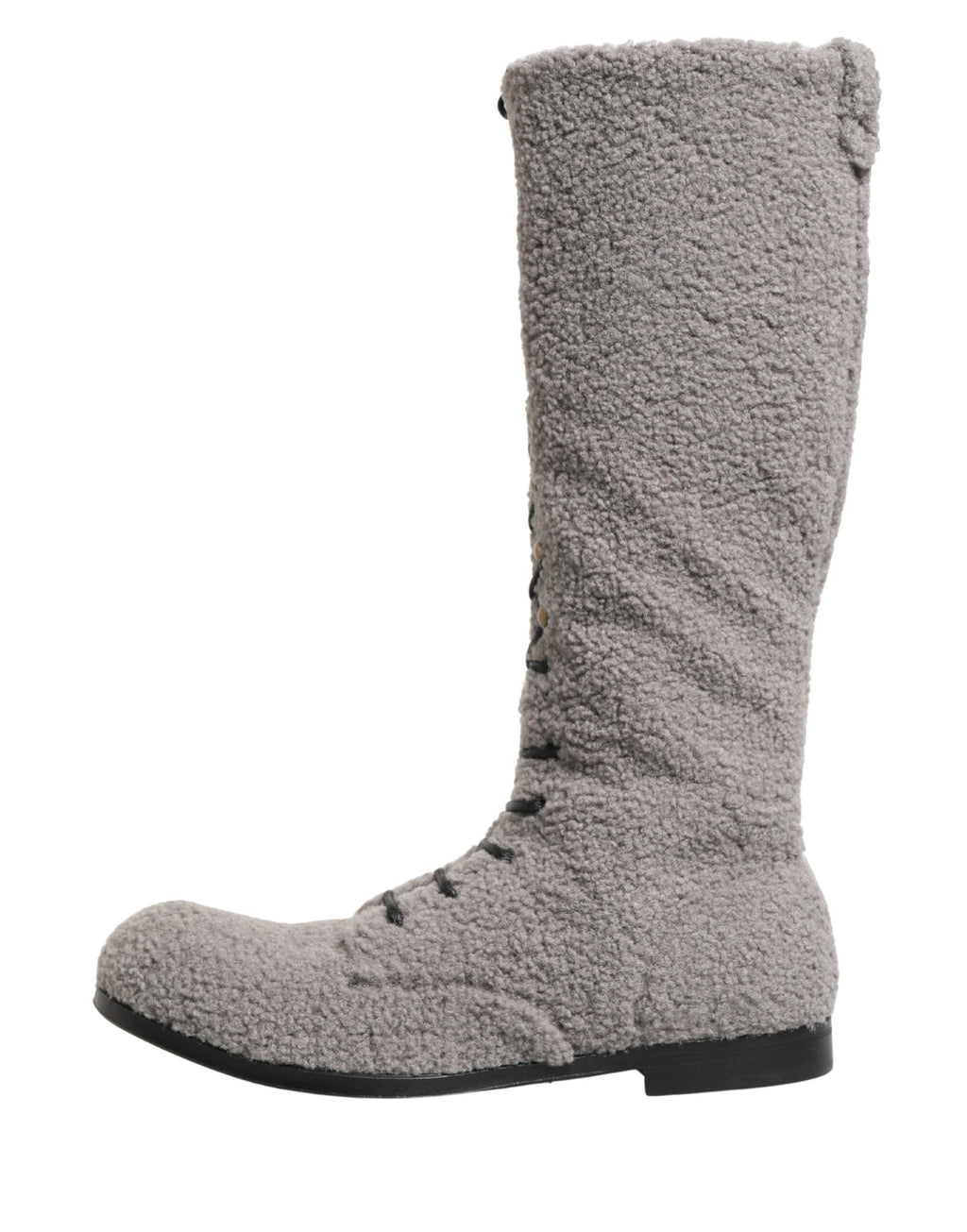 Bottes hautes en shearling gris de Dolce & Gabbana avec lacets, style élégant et sophistiqué pour femmes.
