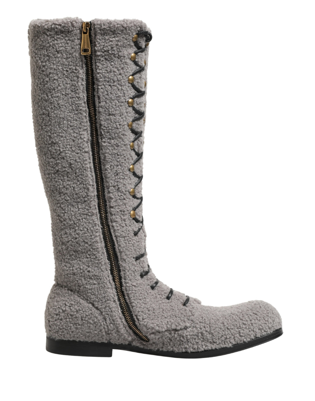 Bottes hautes en shearling gris de Dolce & Gabbana avec lacets, style élégant et chaud, pour femmes.
