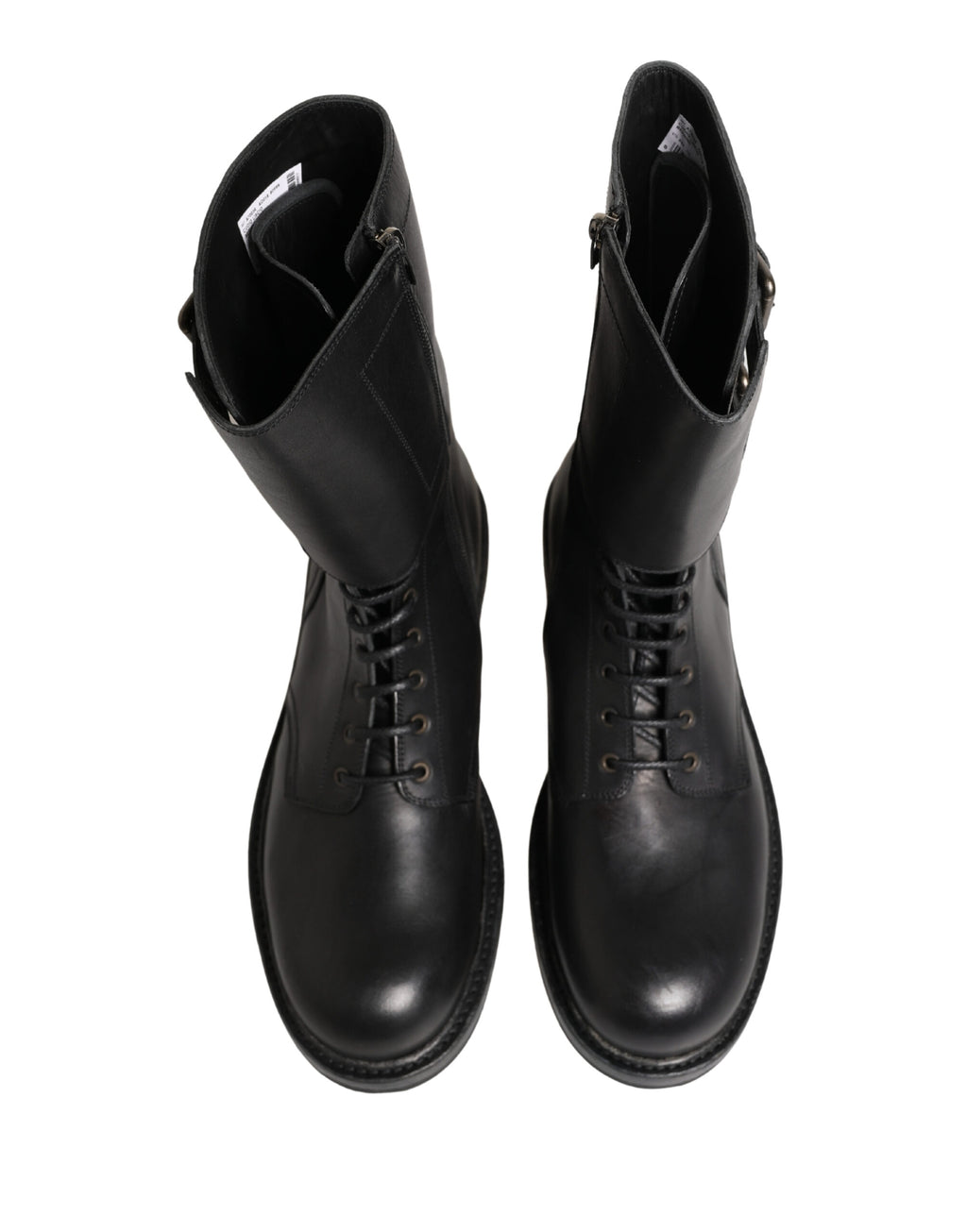 Bottes de combat en cuir noir Dolce & Gabbana avec boucle et ceinture, style robuste et tendance.