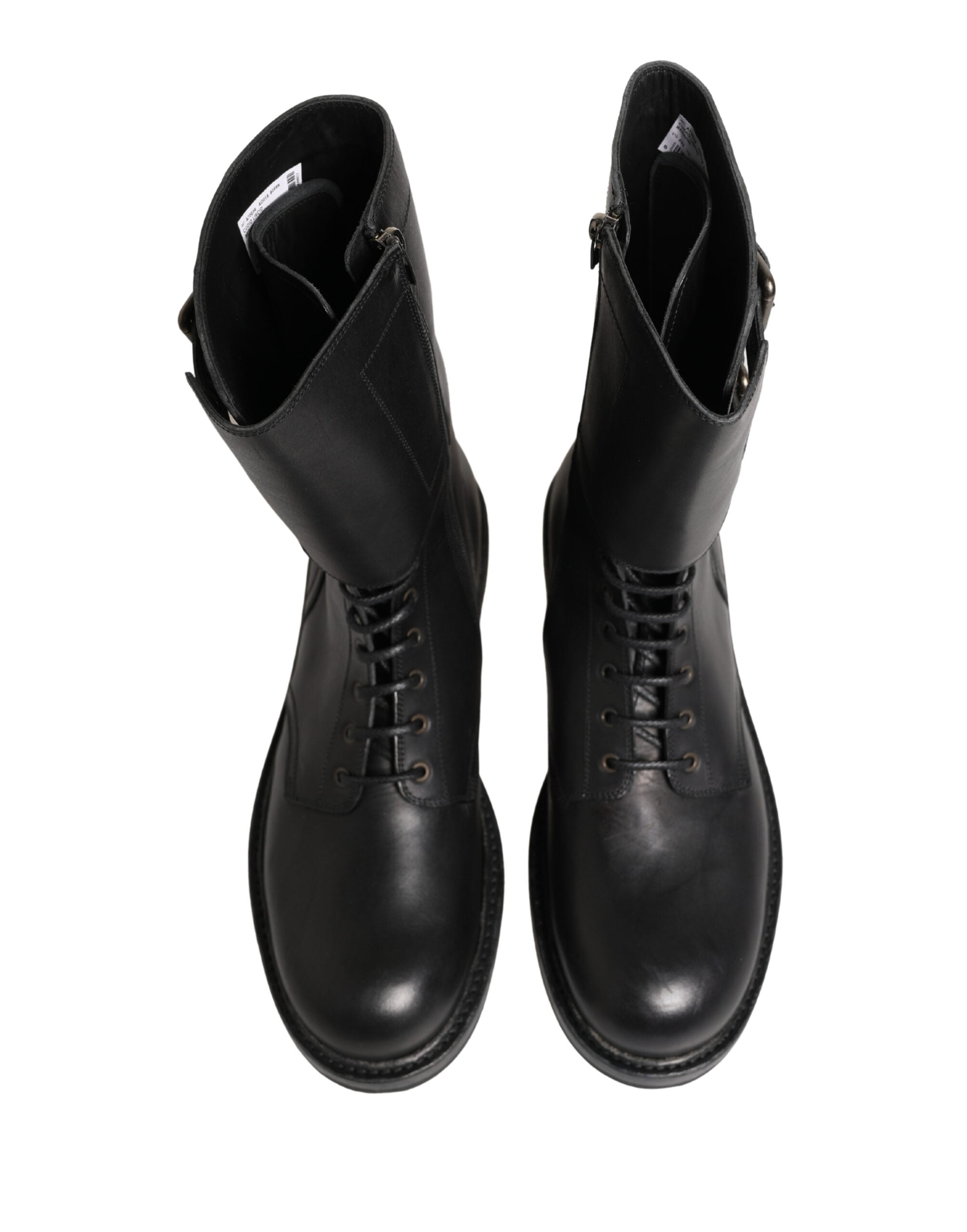 Bottes de combat en cuir noir Dolce & Gabbana avec boucle et ceinture, style robuste et tendance.