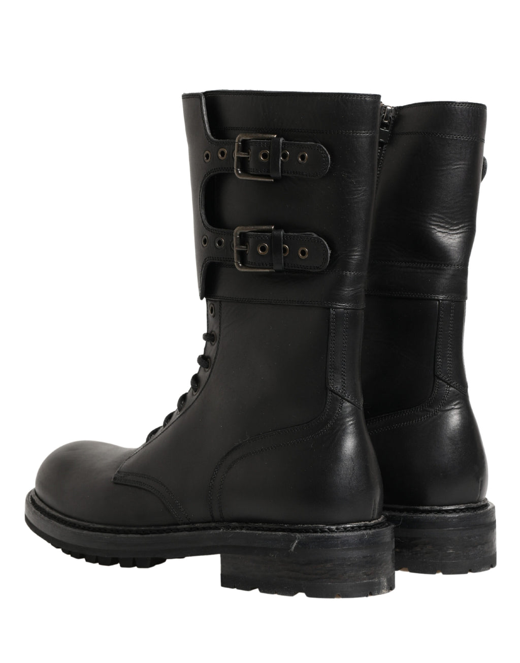 Chaussures Dolce & Gabbana, bottines combat en cuir noir avec boucle, style robuste et élégant.