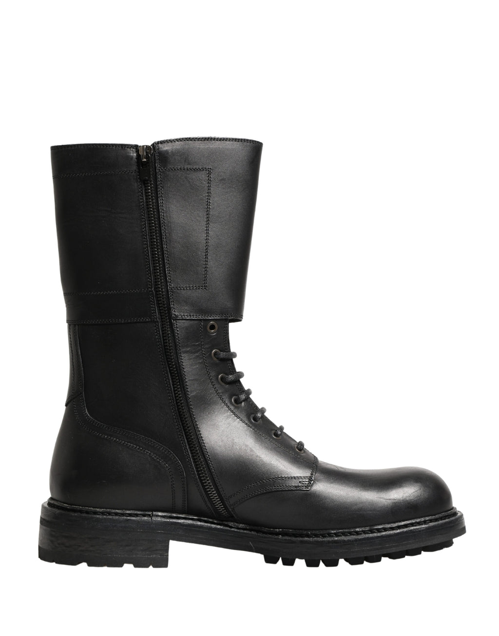 Bottes de combat en cuir noir Dolce & Gabbana avec boucle et ceinture, style robuste et tendance.