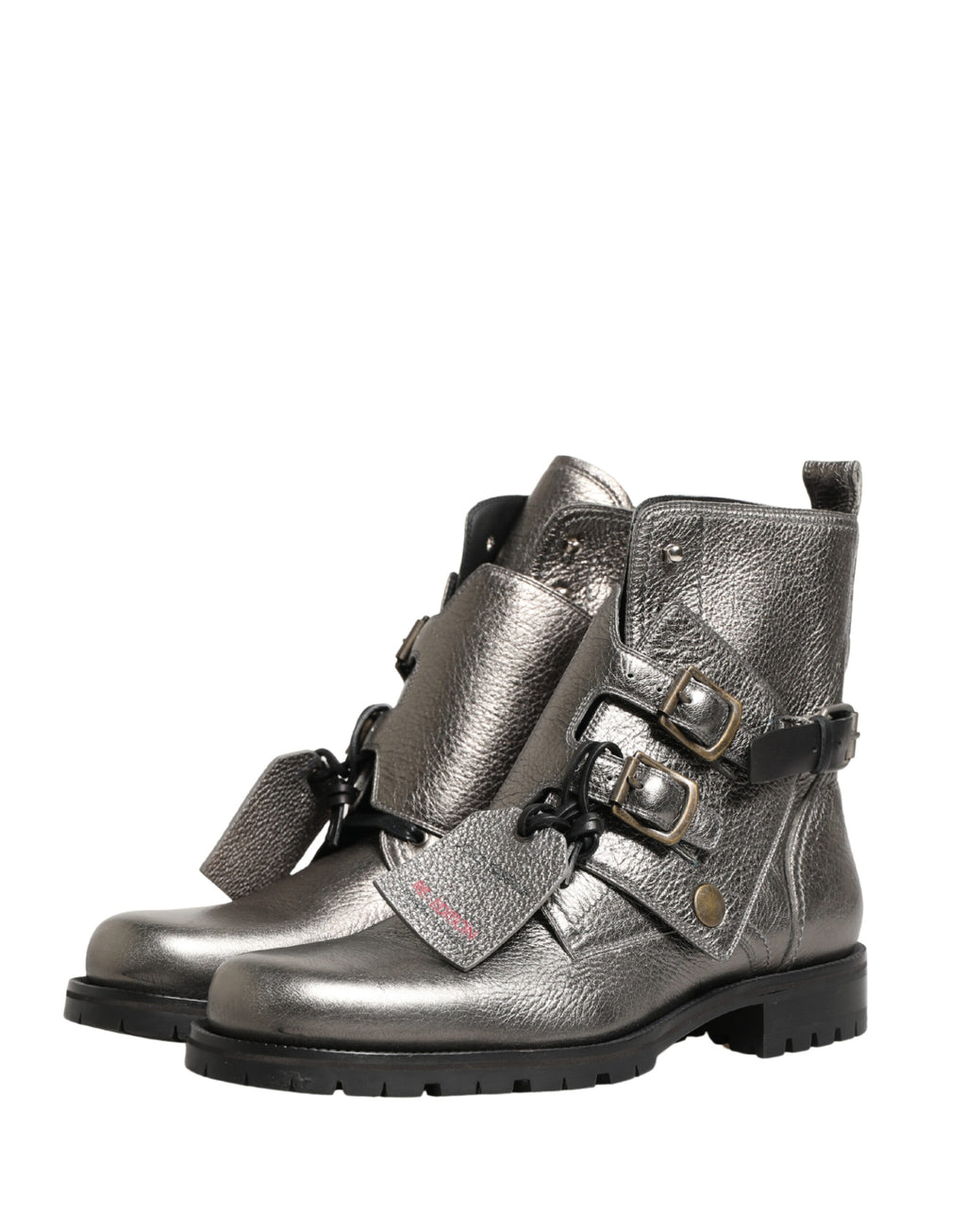 Chaussures à talons Dolce & Gabbana, bottines en cuir argenté métallisé avec boucle à la cheville, style élégant et moderne.