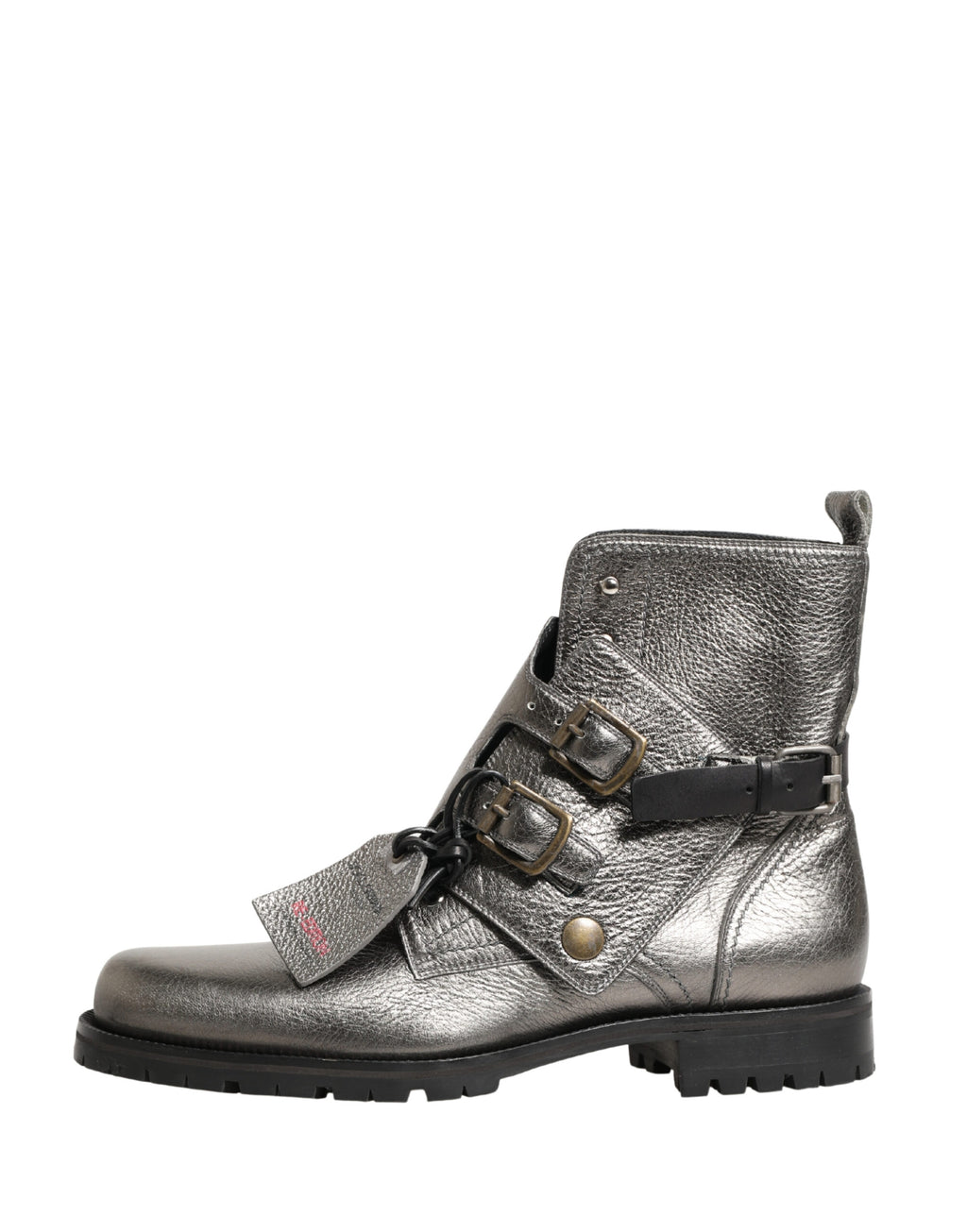 Bottes ankle en cuir argenté métallique avec boucle Dolce & Gabbana, style élégant et moderne.