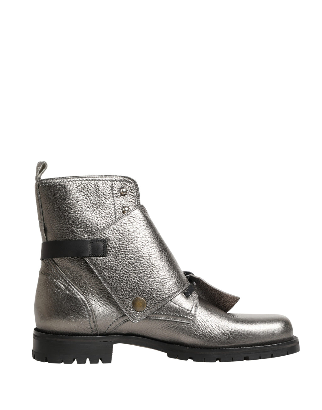 Bottines à talons en cuir argenté métallique avec boucle Dolce & Gabbana, chaussures élégantes pour femmes.