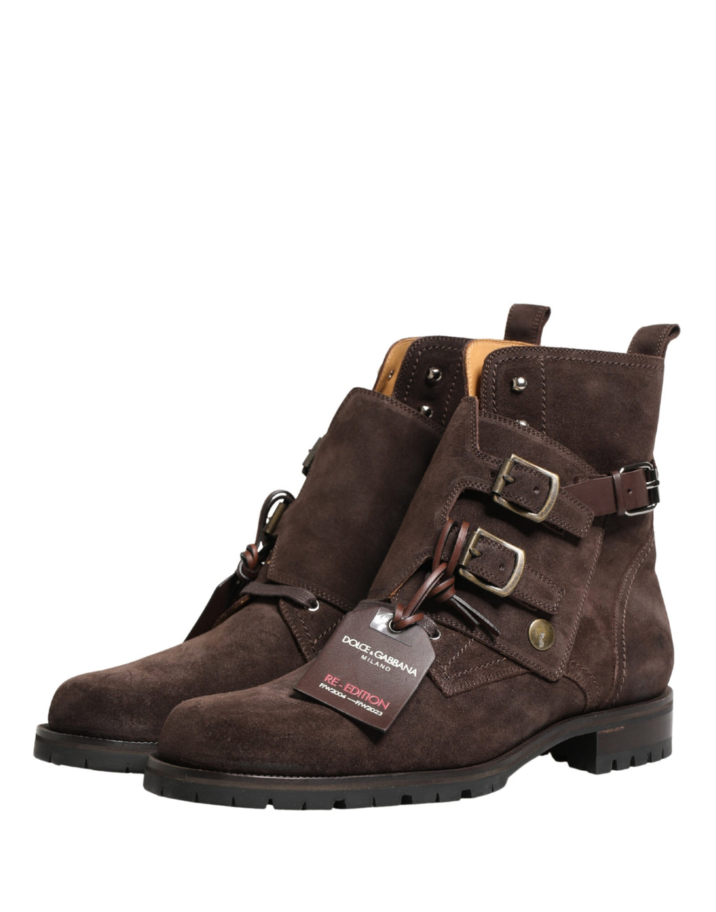 Bottines en cuir suédé marron avec boucle de marque Dolce & Gabbana, chausson élégant pour femme.