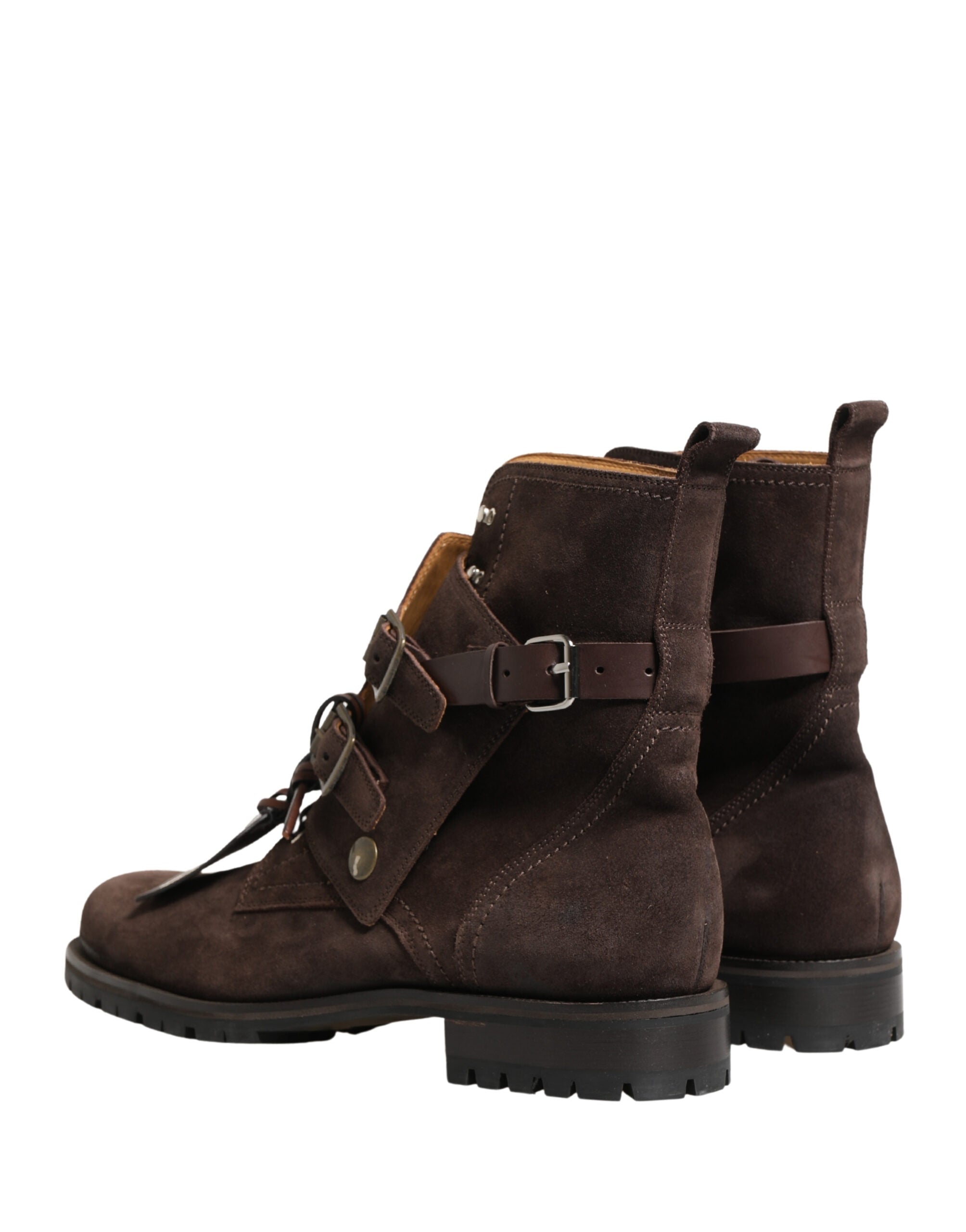 Bottes à talons en daim marron Dolce & Gabbana avec boucle en cuir, ankle boots élégantes et sophistiquées.