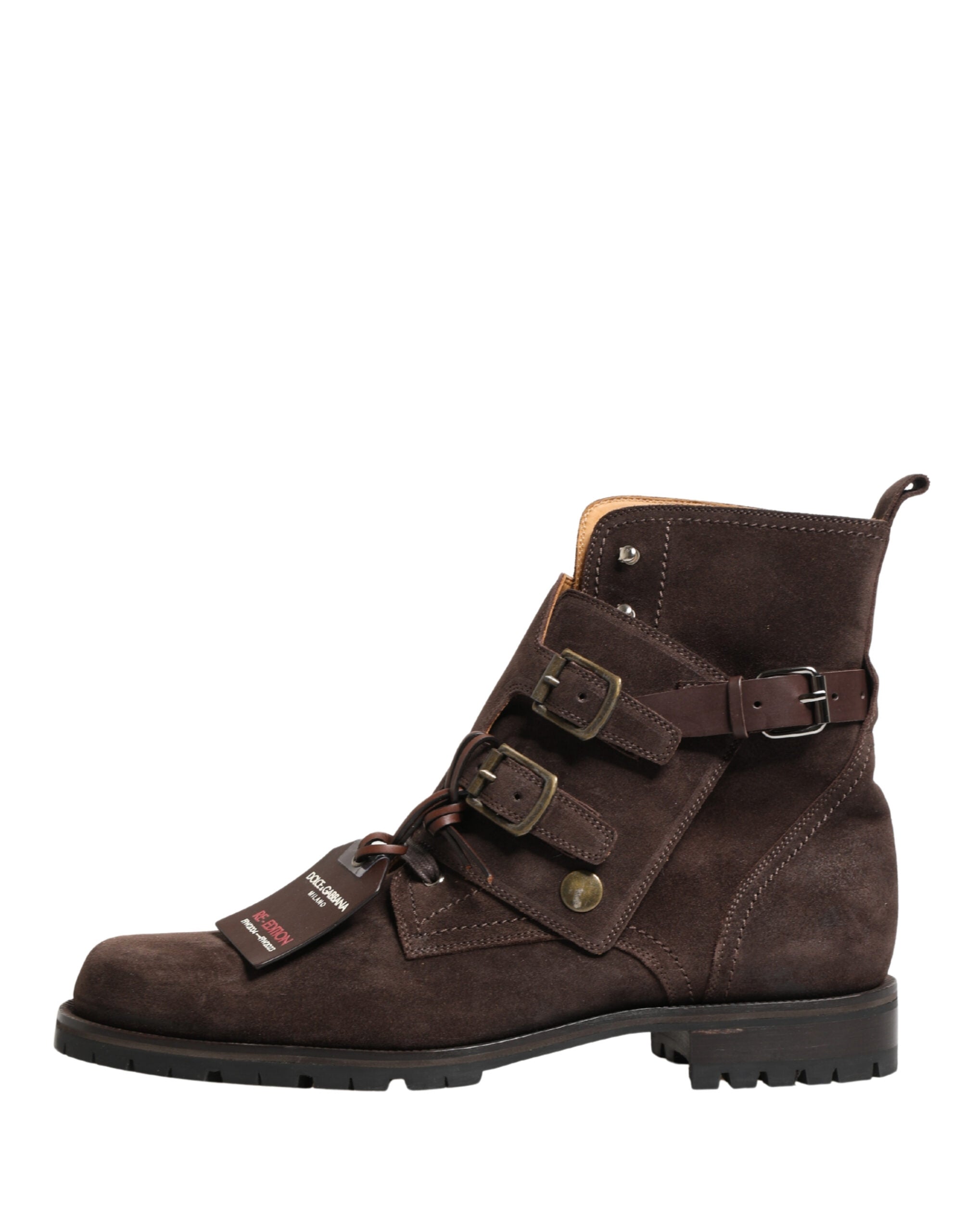 Bottes à talons en cuir suédé brun Dolce & Gabbana avec boucle à la cheville, élégantes et sophistiquées.