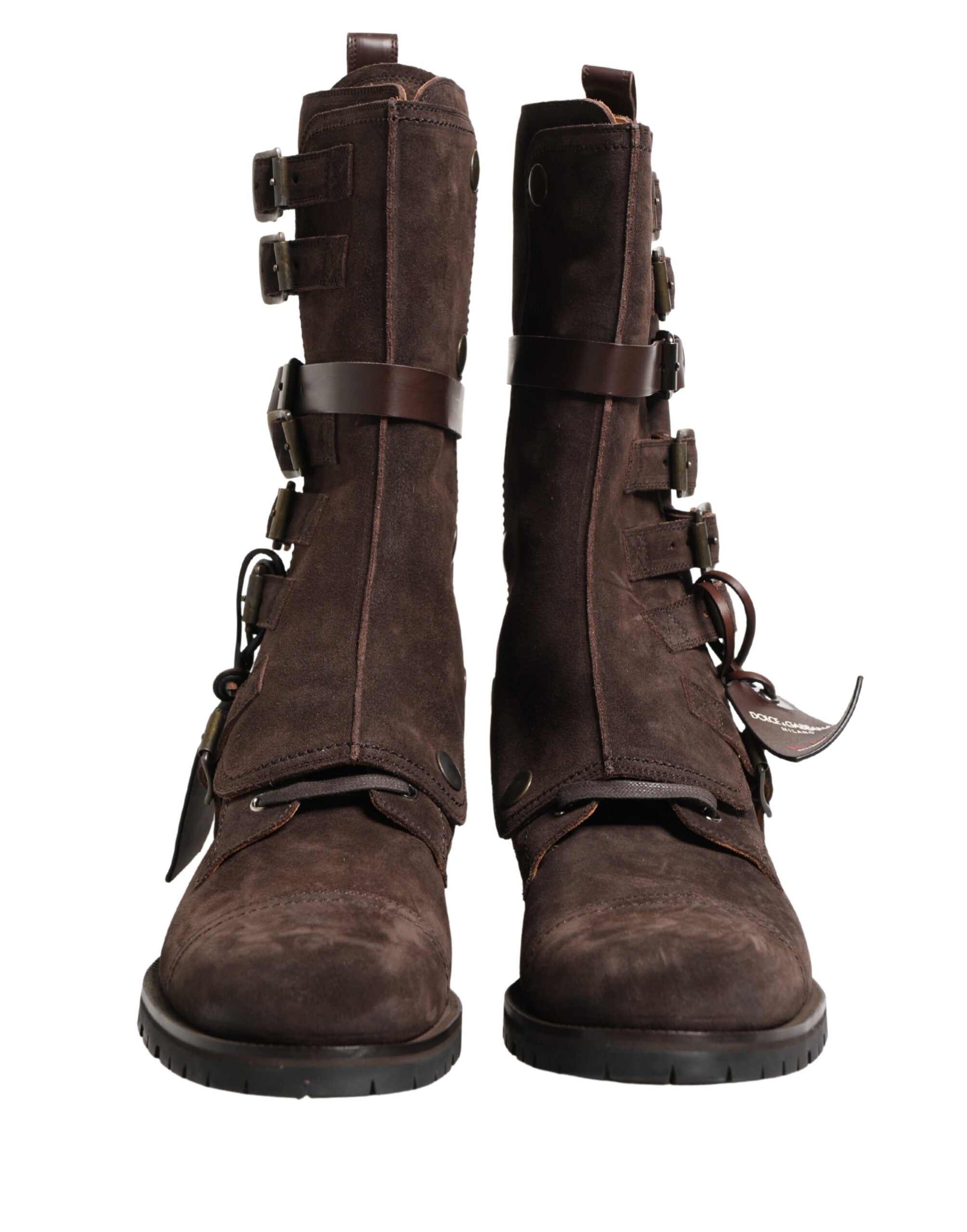 Bottes combat en daim marron Dolce & Gabbana pour femmes, ankle hautes, avec lacets et semelle robuste.