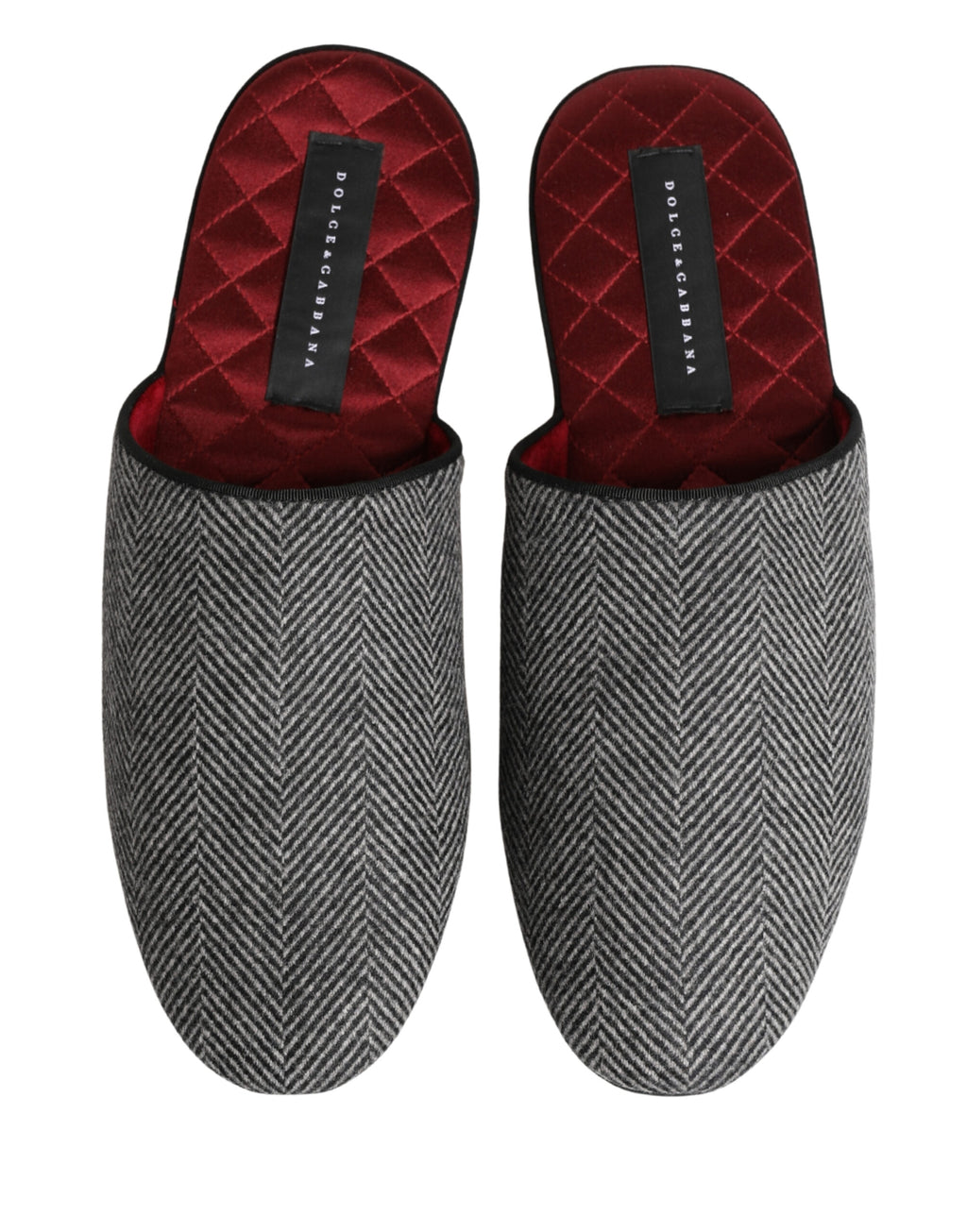 Chaussures de slippers Dolce & Gabbana en cachemire gris à motif pied-de-poule rouge, confortables et élégantes.