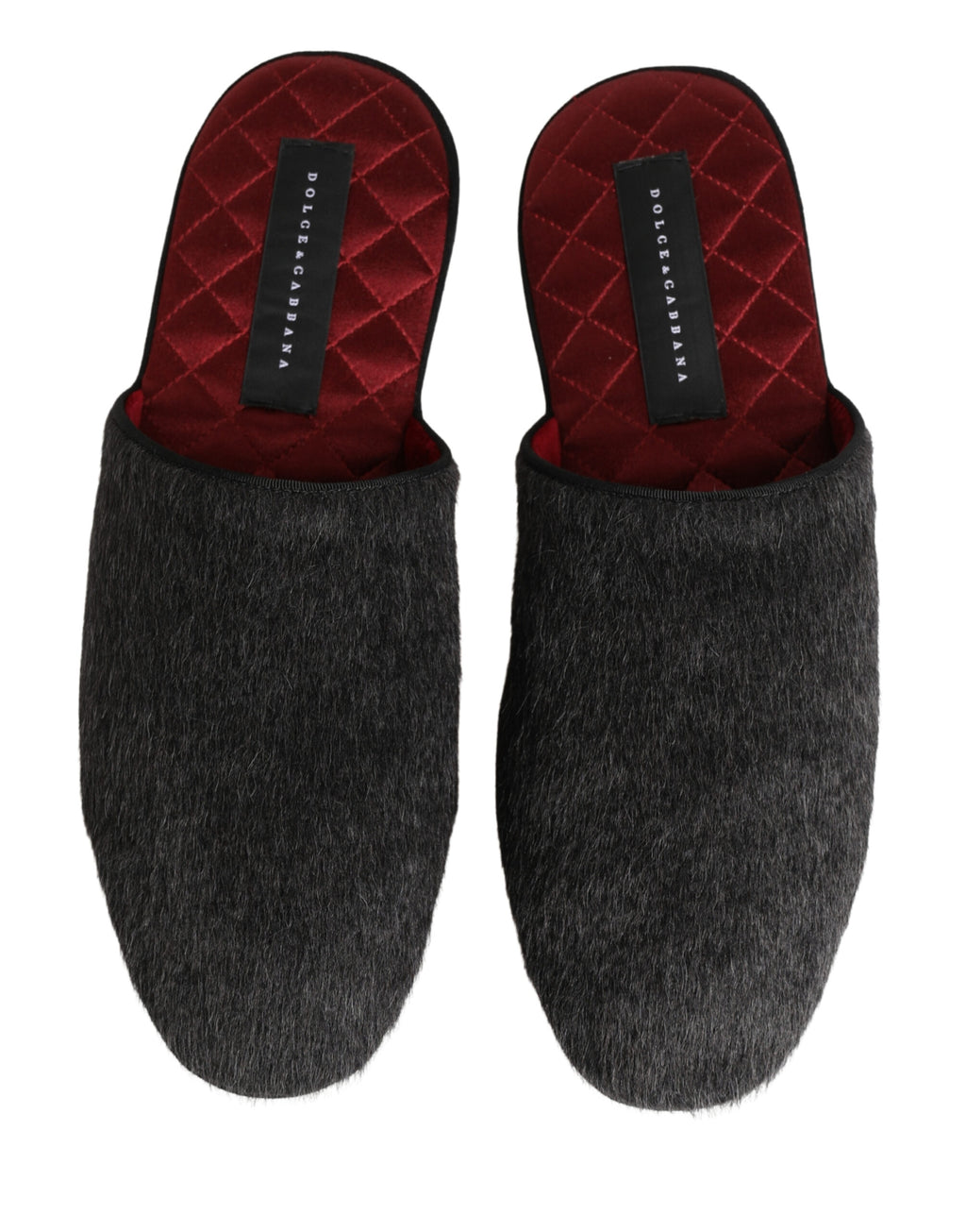Chaussures slippers en laine gris foncé de Dolce & Gabbana, intérieur rouge, style élégant et confortable.